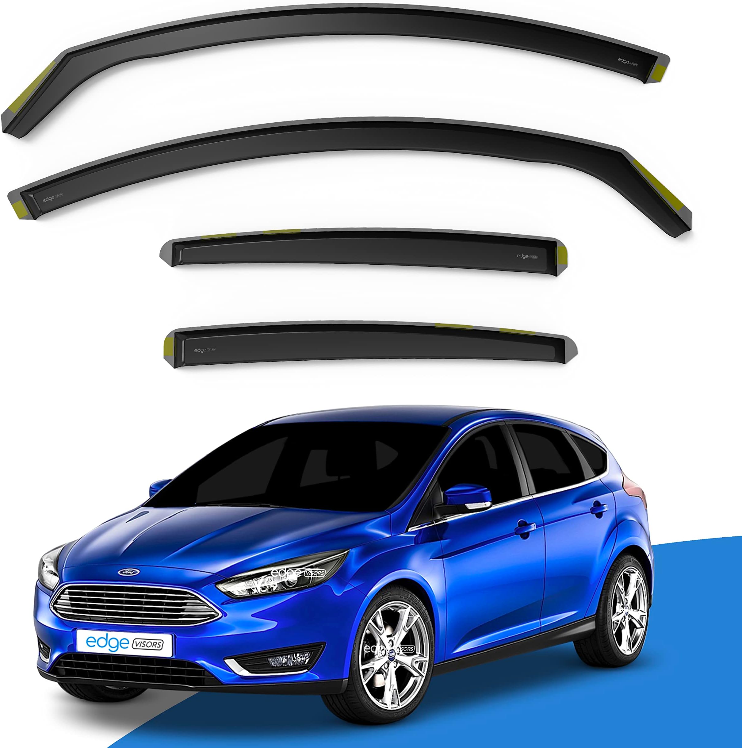 EdgeVisors Wind Deflectors | Fits: Ford Focus MK3 (2011-2018) 4/5 Door Saloon/Hatchback 4pc Set | In-Channel Rain Guards for Wind, Rain & Sun Protection, Easy Installation - Tinted