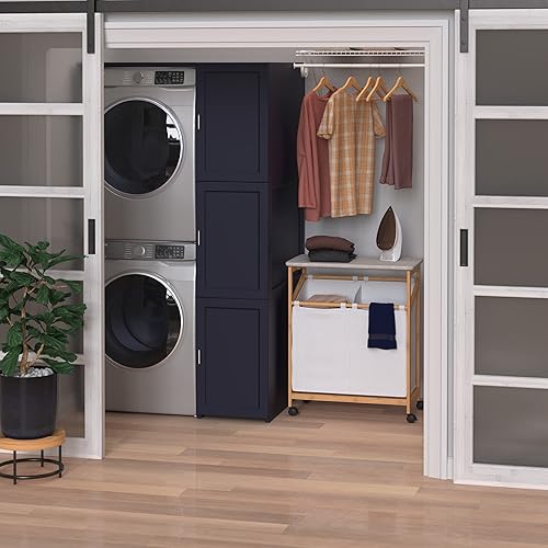 Miniatura 5 de ClosetMaid Cesta de bambú para ropa sucia con tabla de planchar, estación plegable, compartimentos dobles con divisor, clasificador portátil de