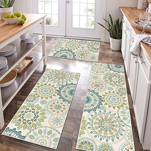 Miniatura 13 de Bsmathom - Juego de 3 alfombras de cocina boho, alfombras de cocina antideslizantes de estilo granja y tapetes, alfombras de cocina lavables