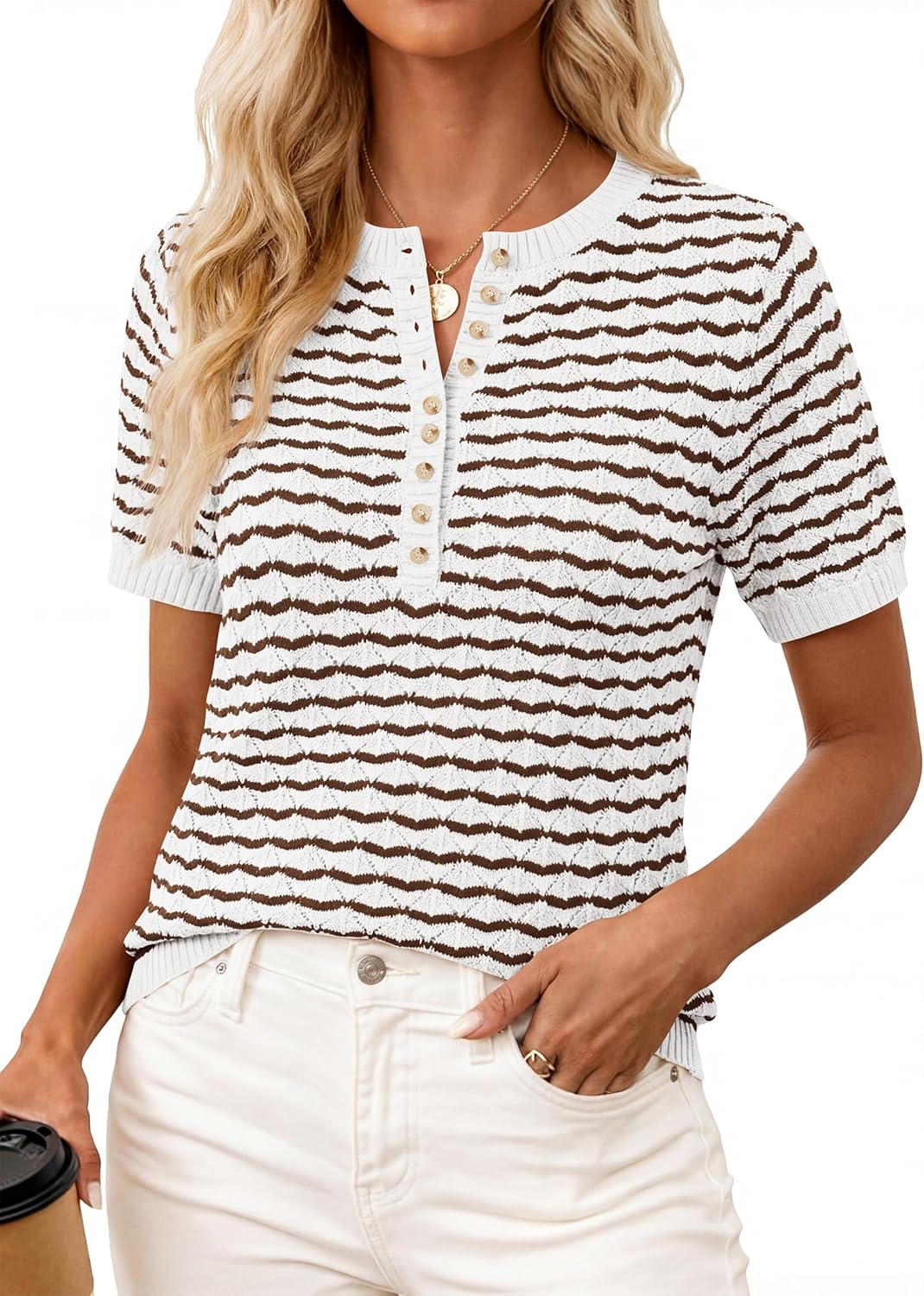 PRETTYGARDEN Womens Knit Summer Tops Button Short Sleeve Sweater Casual Crewneck Chevron Henley Shirts Dressy Work Blouses