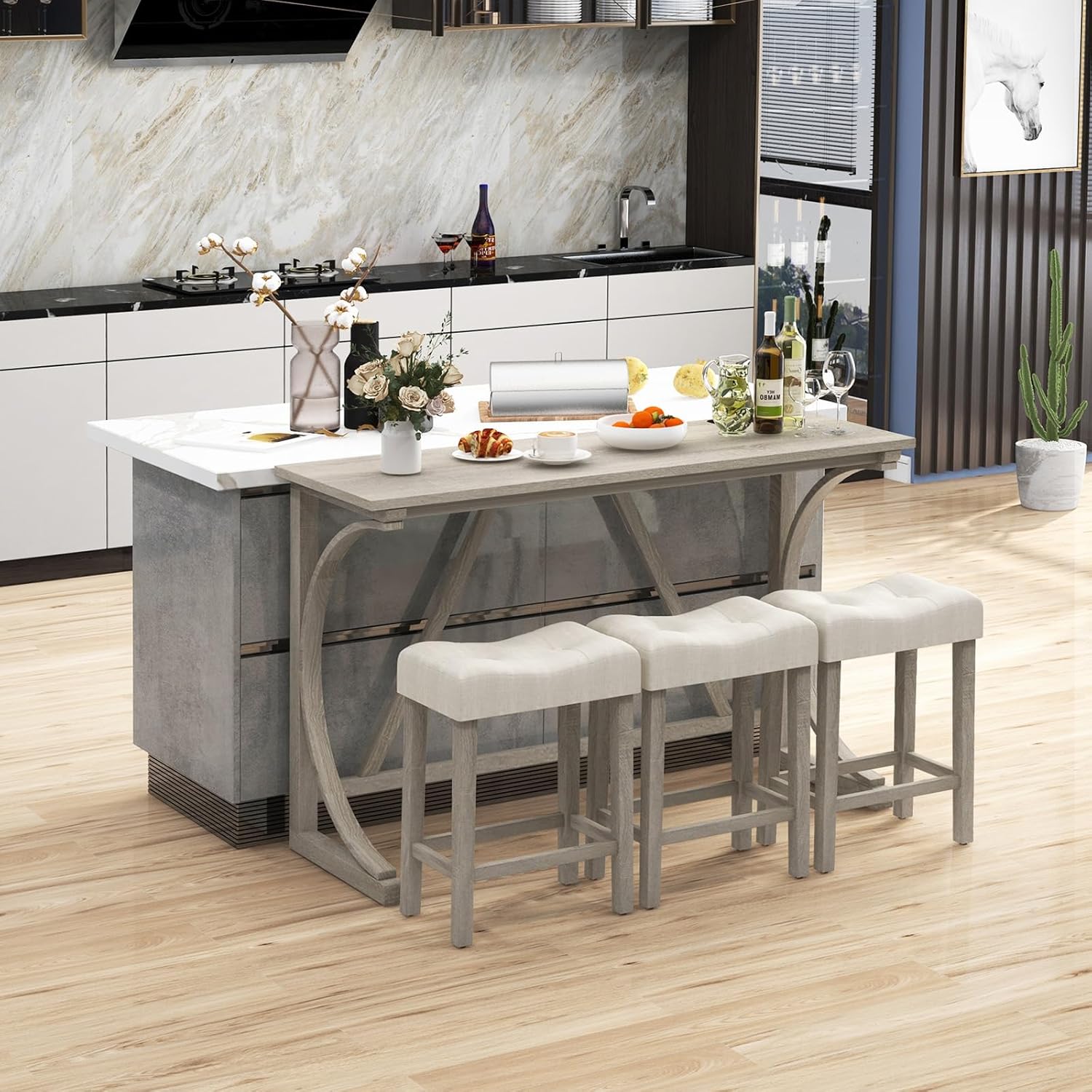 COSTWAY 4-Piece Farmhouse Bar Table Set with Power Outlet, Counter Height Dining Table Set w/ 3 Upholstered Stools, Wood Console Table Set Bistro Table Set for Kitchen, Dining Room, Living Room image 3 of 9 B0D9NGZQRR