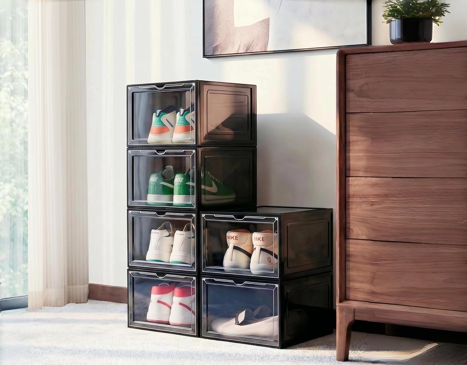 6 Pack Shoe Organizer for Closet, Shoe Storage Container with Lids, Shoe Box Clear Plastic Stackable, Thick Hard Polypropylene, Drop Front Door, US Size 13