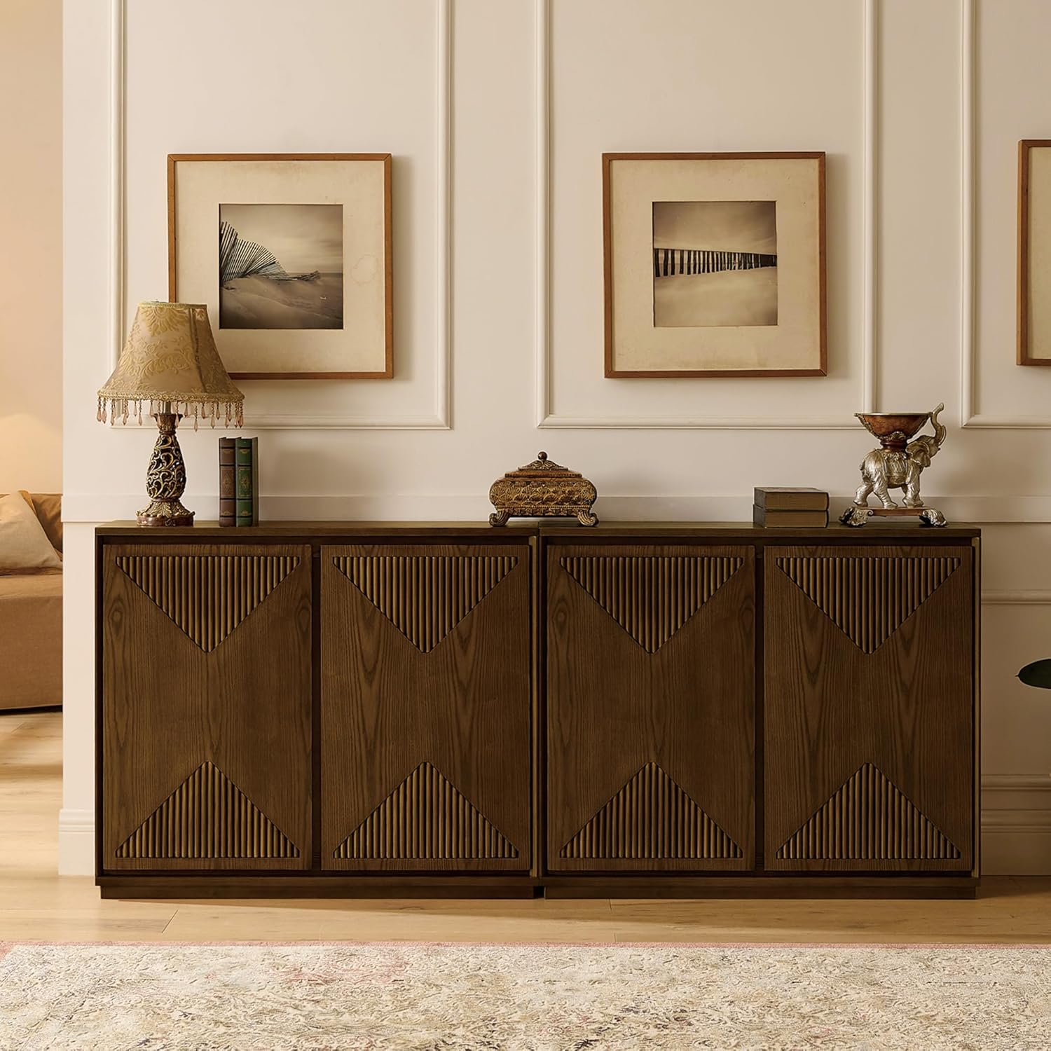 LKTART Buffet Cabinet Sideboard with Storage,Mid Century Modern Accent Credenza Cabinet with Doors & Shelves,Wood Coffee Bar Media Console Table for Kitchen, Living Room, Entryway-Brown Walnut