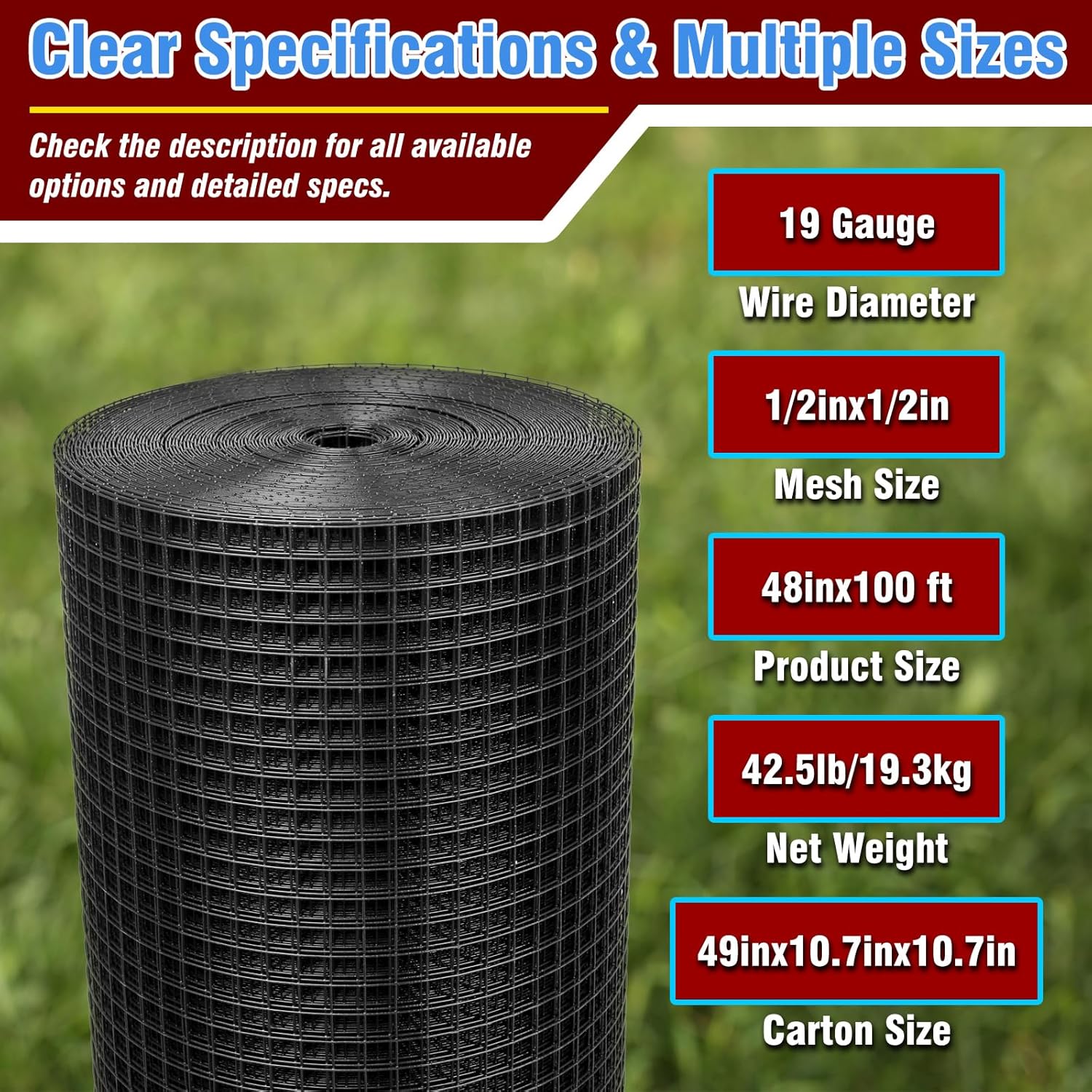 Black Hardware Cloth 1/2inx48inx100ft, 19GA, Chicken Wire Fencing Roll, Black Chicken Wire Mesh, Vinyl PVC Coated Welded Wire Mesh for Chicken Coop Barrier, Rabbit Snake Poultry Fences 1/2x48inx100ft