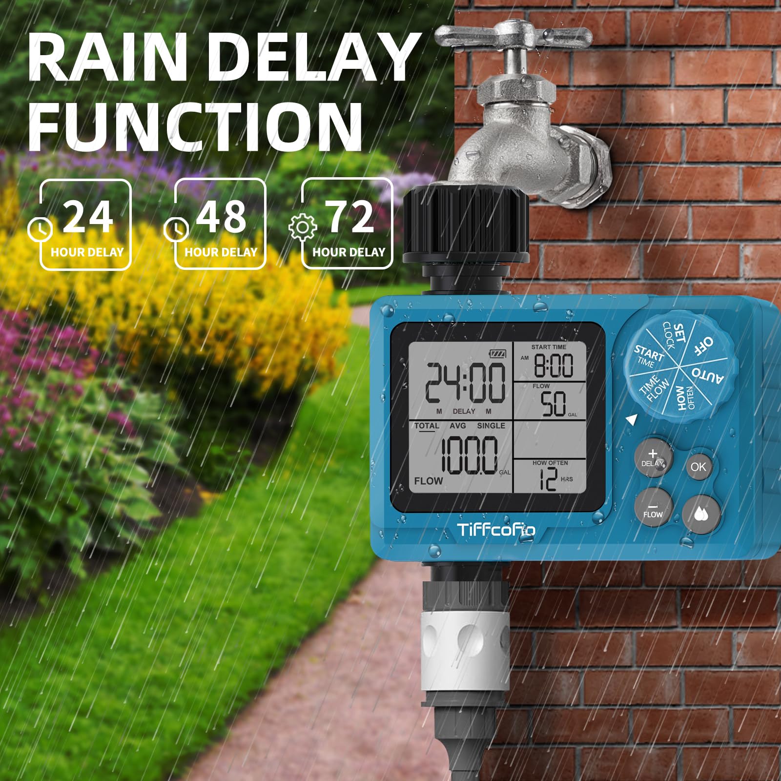 TiFFCOFiO Timer programmabile per controllo del volume dell'acqua, timer per tubo flessibile con contatore dell'acqua, irrigazione automatica e manuale per irrigazione, giardino e sistema a goccia