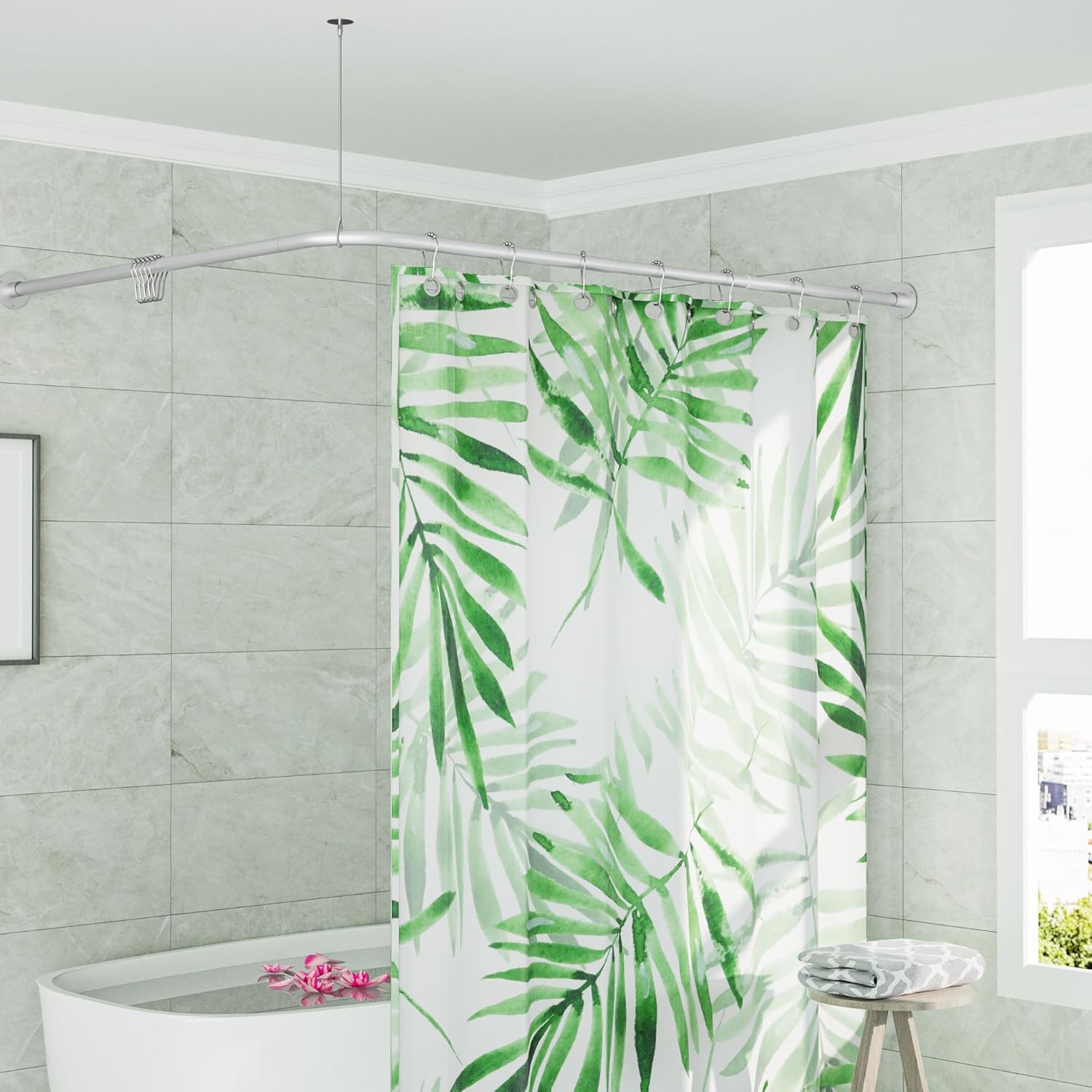 Bathroom Countertop Organzier & Adjustable L-shaped Shower Curtain Rod