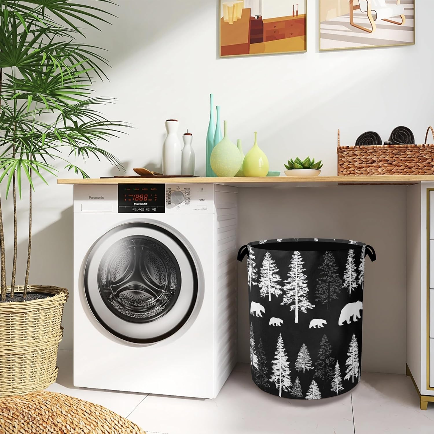 Bear Forest Laundry Basket,Winter Foldable with Handles Tote Bag Oxford Cloth for Bathroom Bedroom Dirty Clothes Storage Bucket 16" x 20.8"