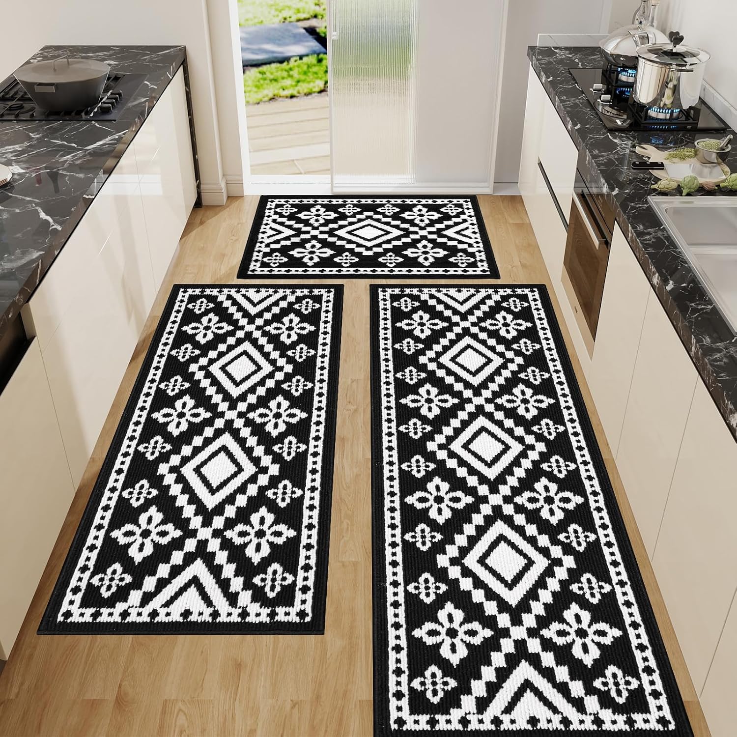 Farmhouse Kitchen Rugs Sets of 3 Non Slip Kitchen Mats for Floor, Washable Boho Kitchen Rug, Absorbent Resists Dirt Kitchen Floor Mat for Sink, Runner, Hallways (Black, 20"x59"+20"x48"+20"x32")