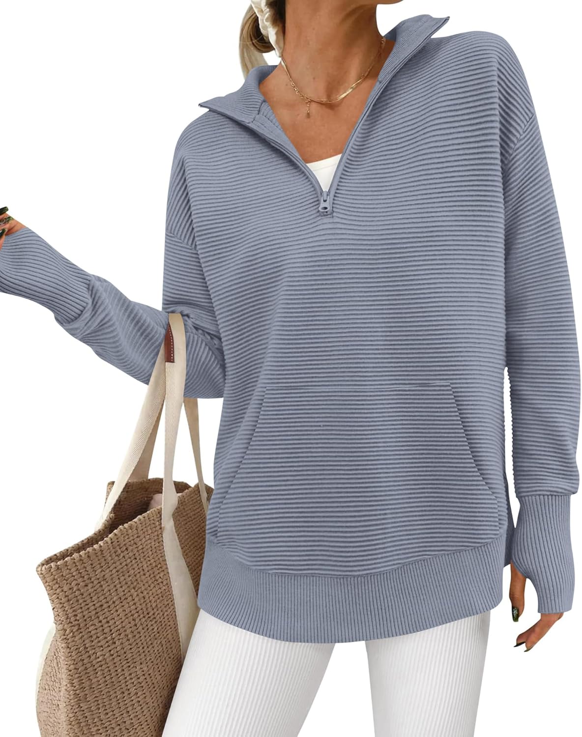 BTFBM Sweaters for Women Fall Clothes 2026 Pocket Quarter Zip Pullover V Neck Long Sleeve Knit Trendy Winter Sweater