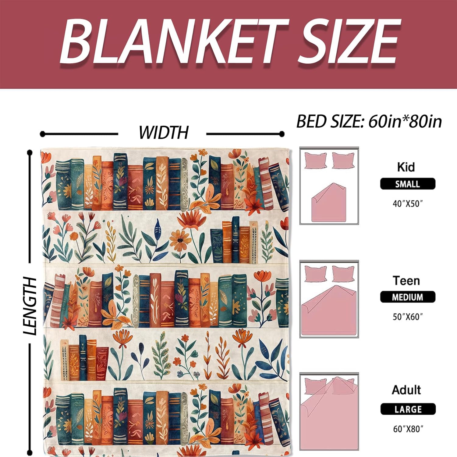 Book and Flower Flannel Blanket 50x60in,Cozy Throw with Colorful Bookshelf and Floral Pattern on Cream,Soft Lightweight Gifts Blankets for Women,Book Lovers,Girls,Home Decor - Image 3