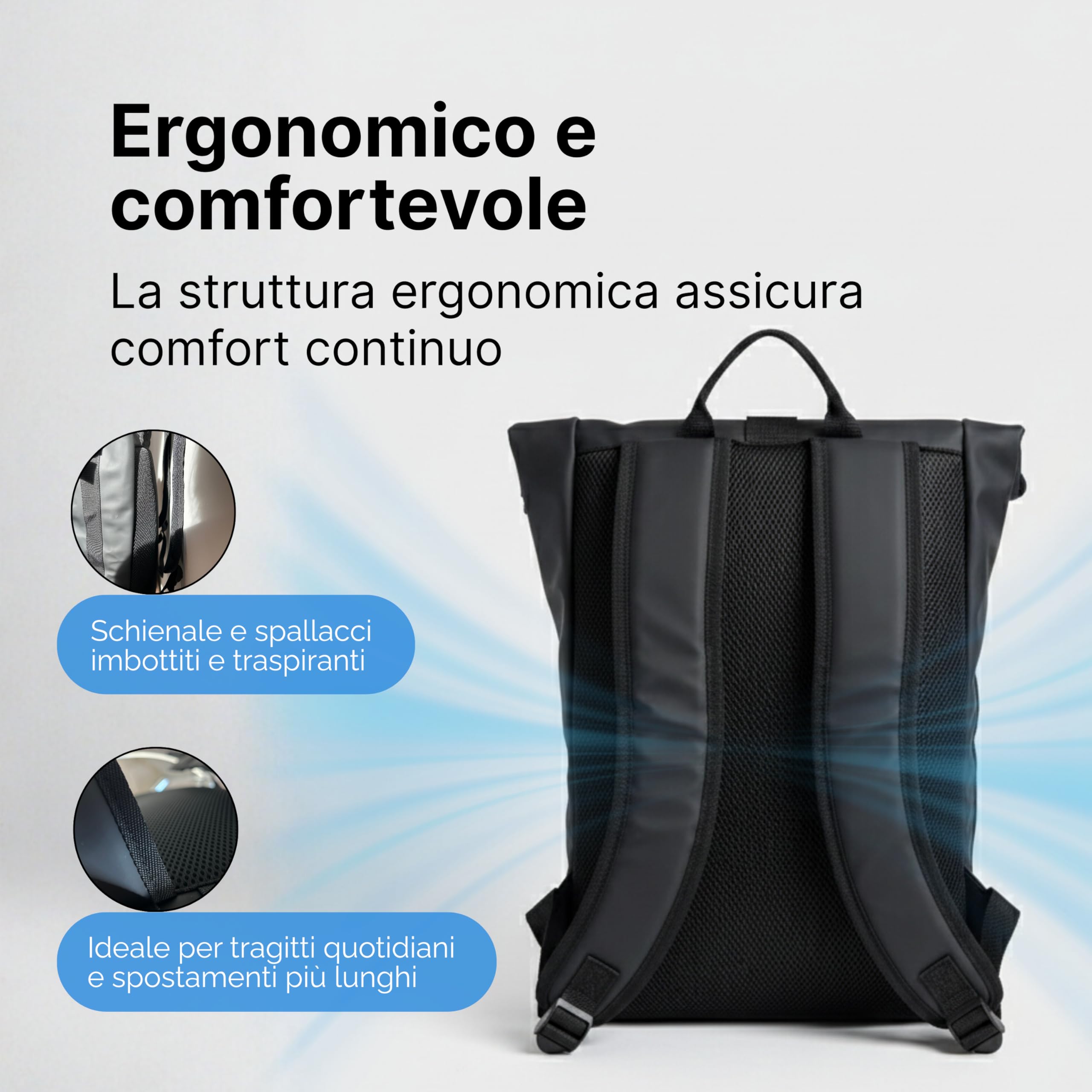 MASC Zaino Rolltop Impermeabile per Uomo e Donna, Zaino da Lavoro Elegante, 21L Capiente con Scomparto Porta Pc 18 Pollici