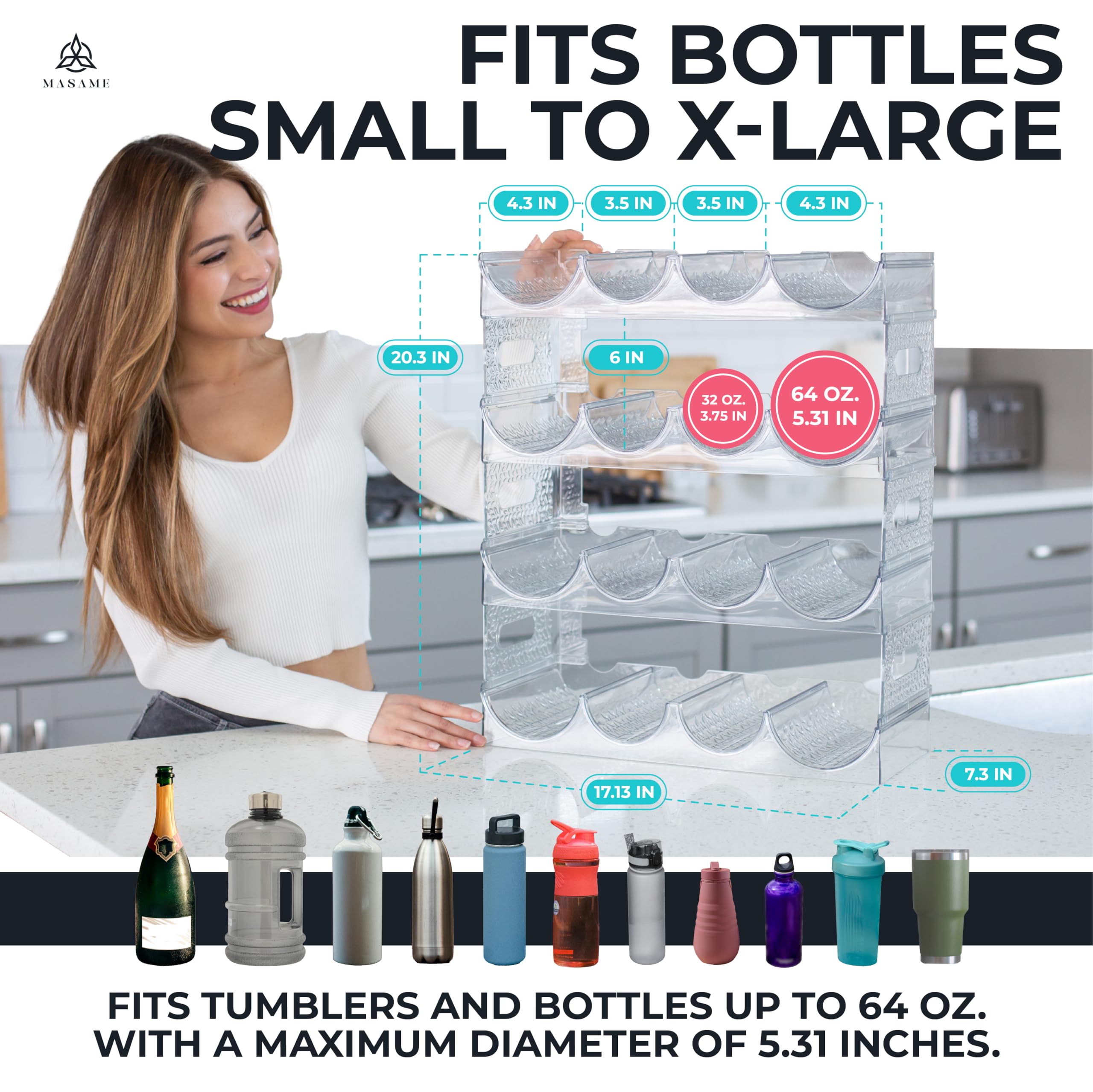 MASAME Extra Large 64oz Multipurpose Stackable 4 Pack Holdes 16 Water, Wine,Tumbler Bottles Organizer, Stanley, Starbucks, Yeti Cubs Holder for Kitchen,Cabinets,Pantry & Fridge, Clear Product Image 2