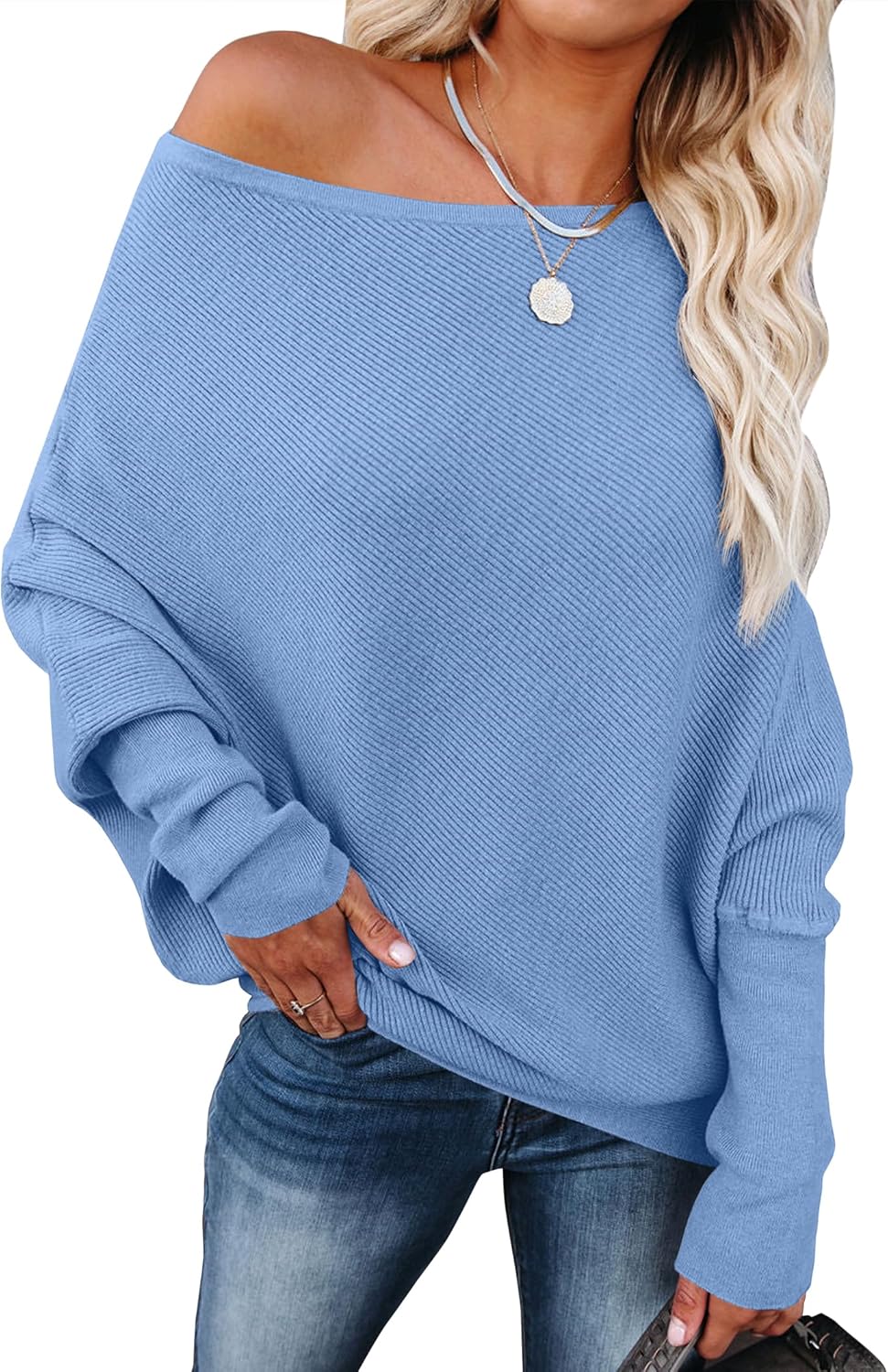 ANRABESS Womens Off Shoulder Sweaters 2025 Fall Long Batwing Sleeve Loose Fit Knit Tops Casual Pullovers Jumpers
