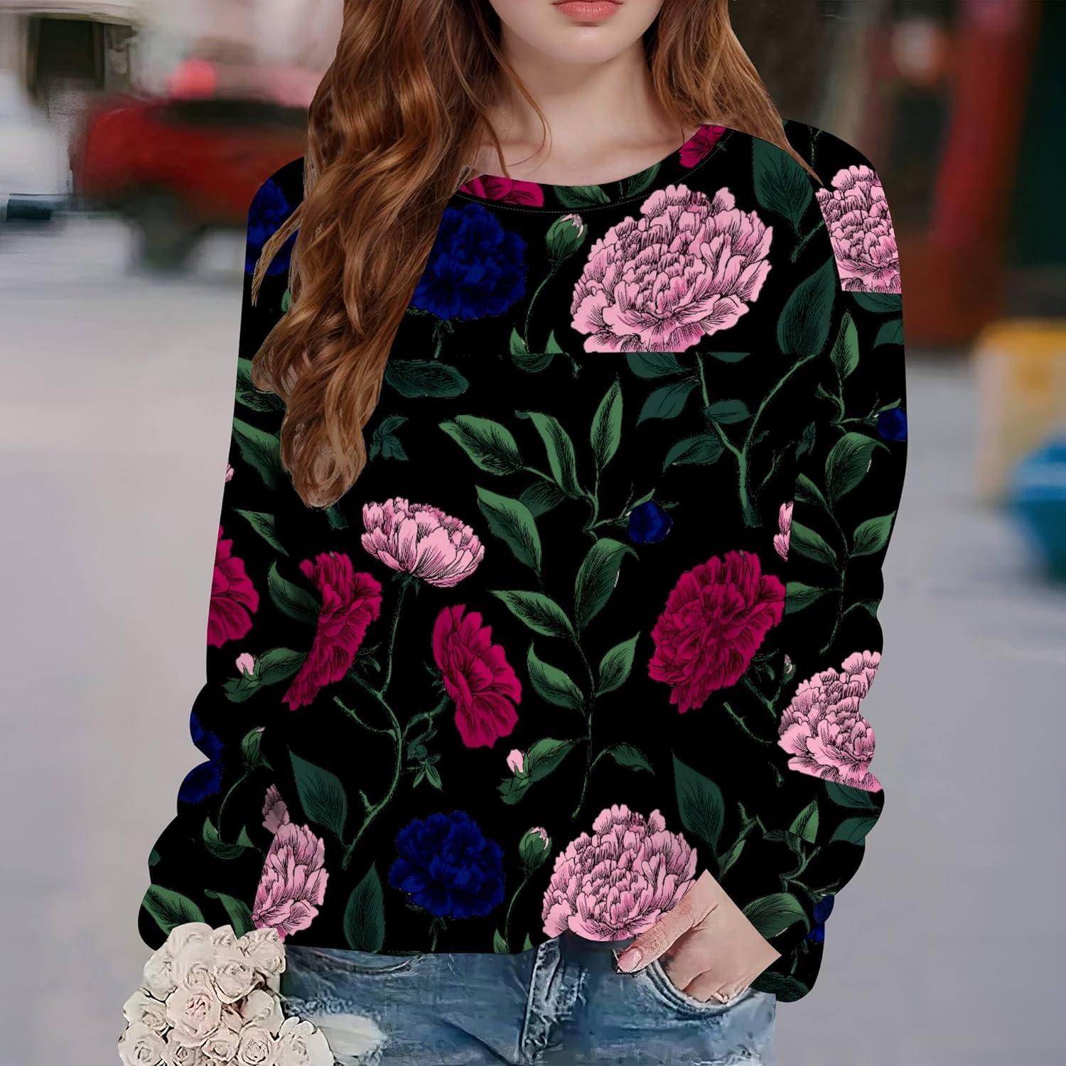 Retro Flower Print Sweatshirts for Women Crewneck Long Sleeve Elegant Tunic Tops Loose Pullover Sweatshirts Outfits - Image 2
