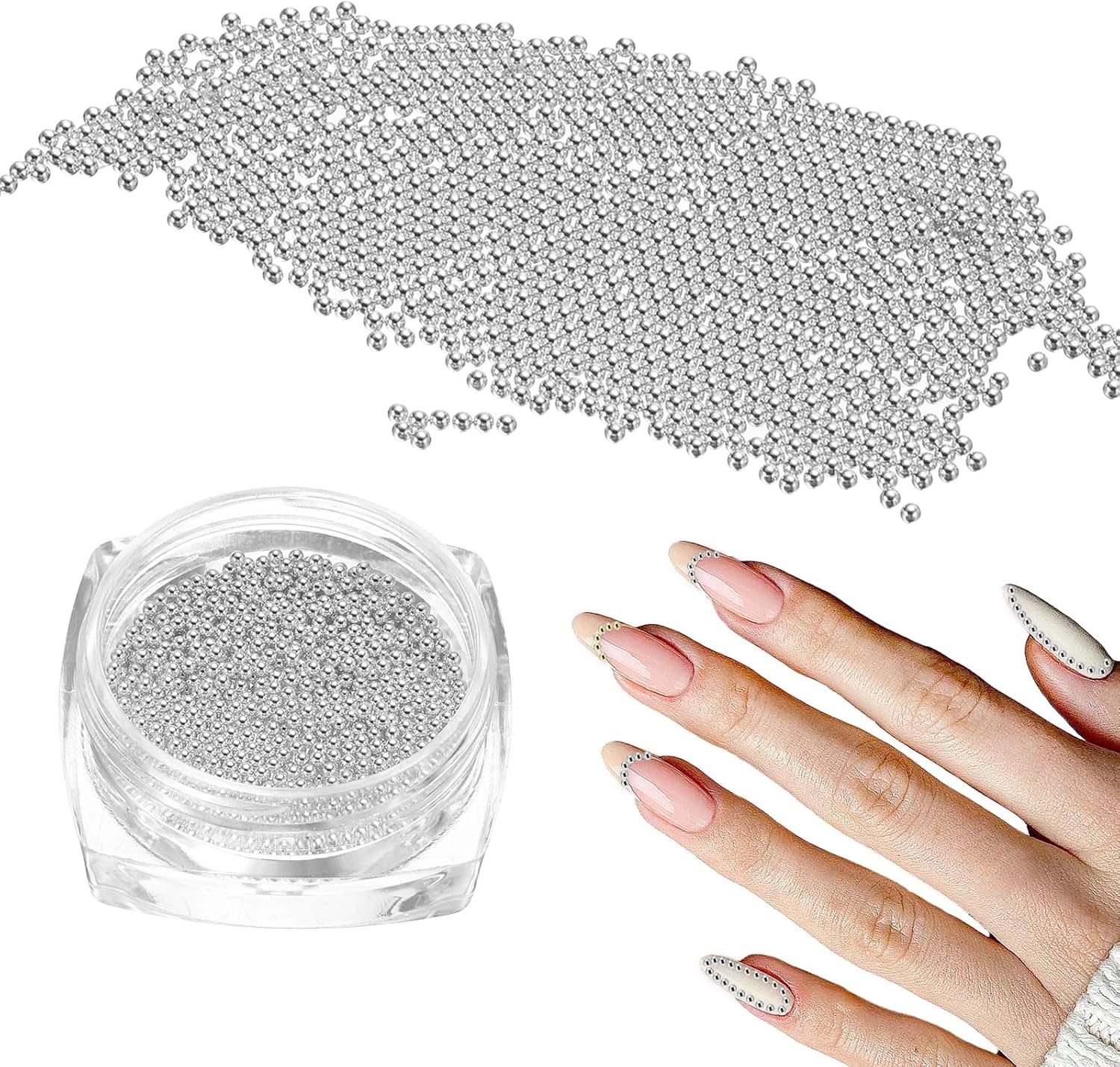 HARFINGTON Nail Art Beads 0.04" (1mm) Mini Metal 3D Caviar Nails Beads Ball Bubble Bead with Storage Box for Nail Art DIY Craft Decoration, Silver Tone