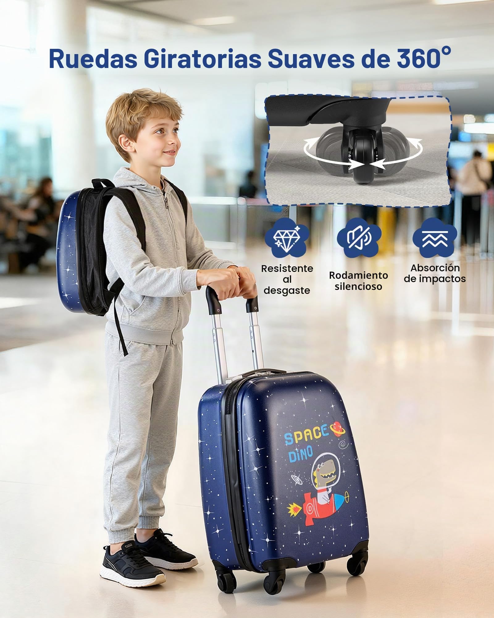 VEVOR Juego de Maletas Infantiles 2 Piezas, Maleta de Cabina con Ruedas 45,7 cm, Mochila de Carcasa Dura, Dinosaurio Azul Marino, Equipaje Infantil para Escuela Viaje Camping, Aprobado por Aerolíneas
