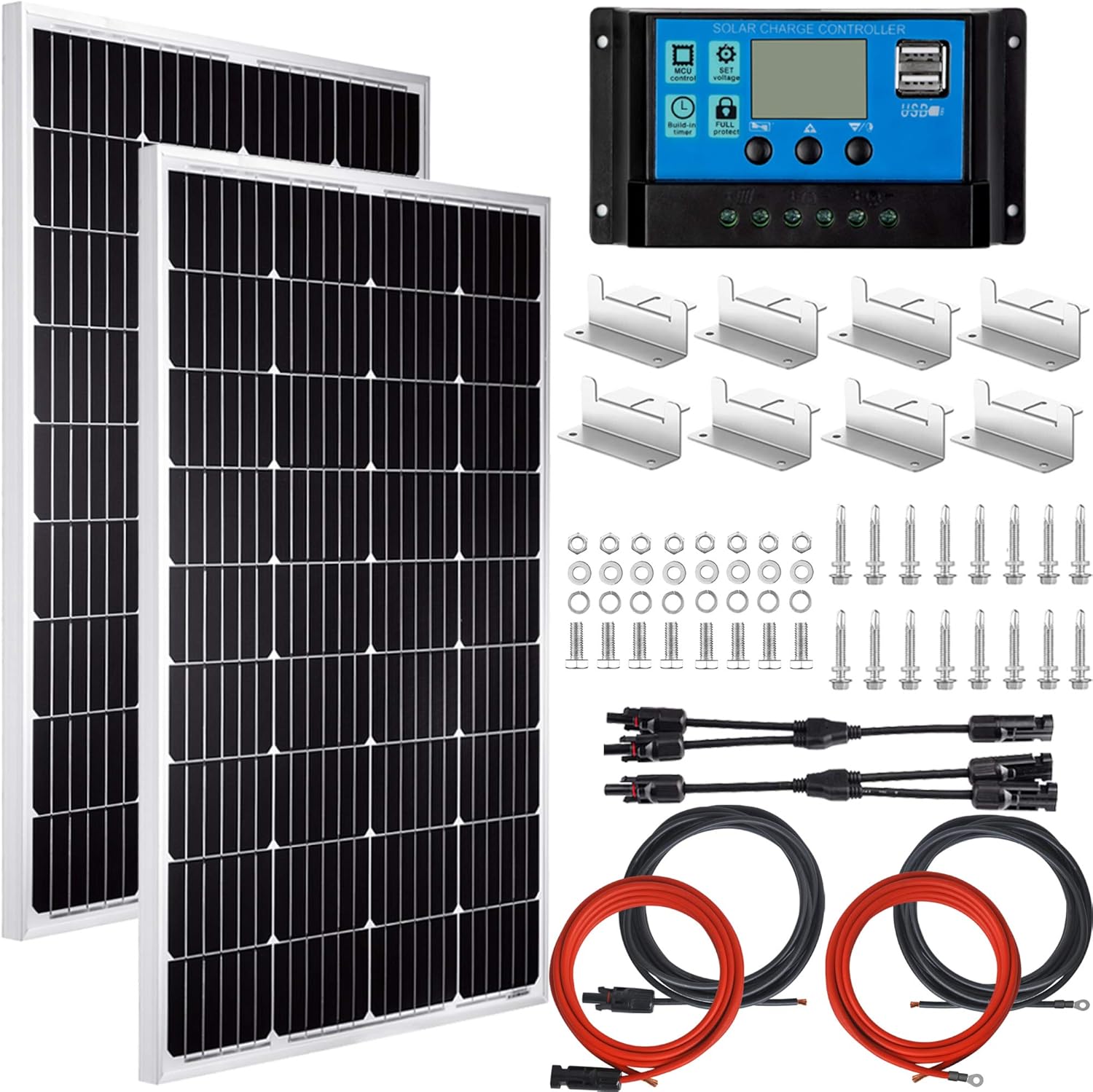 Pikasola 200 Watt 12/24V Photo voltaic Panel Equipment for RV Boat House: 2pcs 100W Monocrystalline Photo voltaic Panel Grade A + 12/24V Photo voltaic Cost Controller + 16ft &10ft Photo voltaic Cable + Z-Brackets