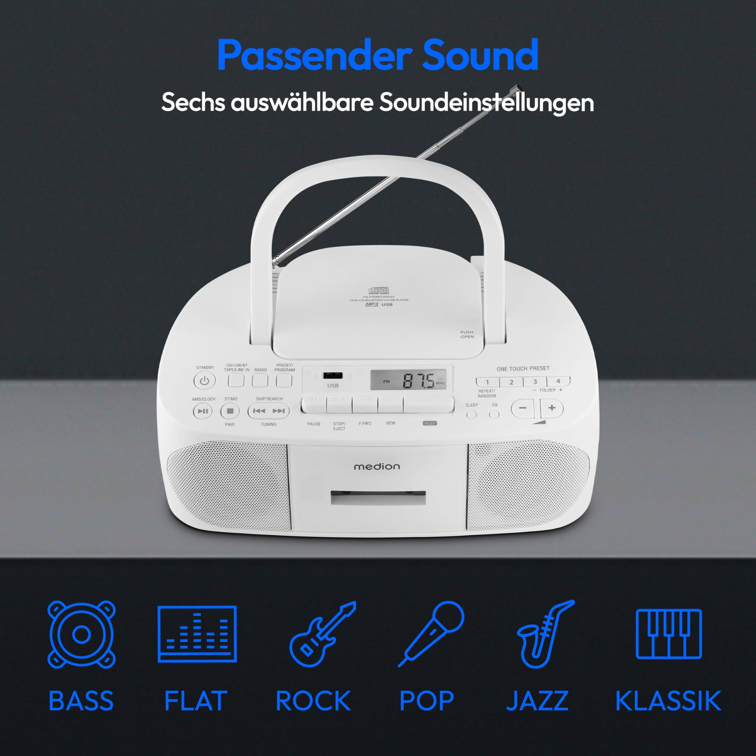 MEDION E65010 Stereoradio (CD-Player, Kassette, USB Anschluss, AUX Audioeingang, MP3-Widergabe. UKW PLL Radio,40 Senderspeicher, Batteriebetrieb, Fernbedienung) weiß