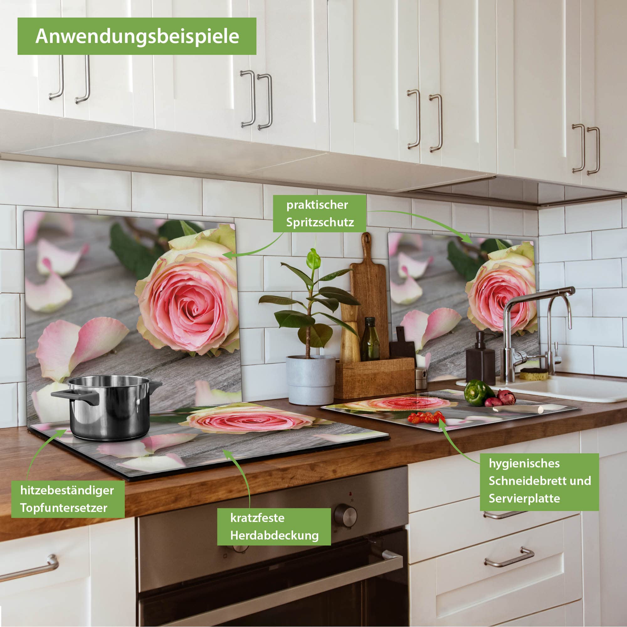 banjado Kochfeldabdeckung Glas mit Blumen und Pflanzen Design frisch 60x52 cm einteilig, hitzebeständige Herdabdeckplatte mit Gumminoppen, Schneidebrett für Küche und Ceranfeld, mit Motiv Rosa Rose
