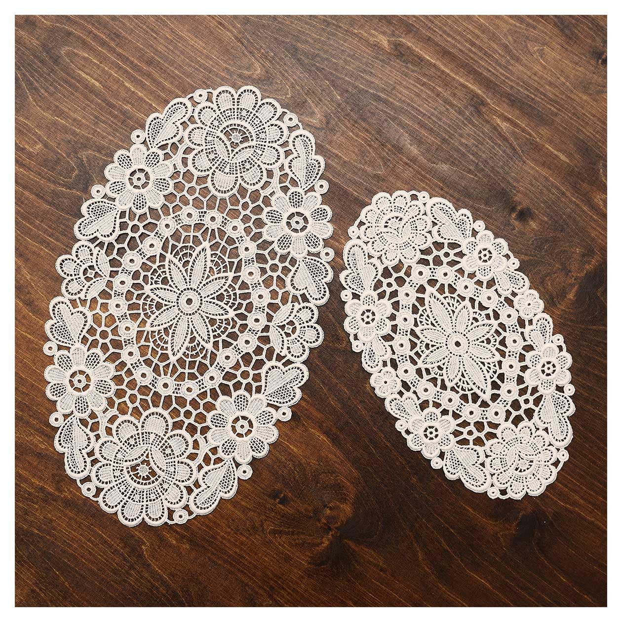 Deckchen Annegret Vogtländische Spitze handgefertigte Wickeldecken 2er Set in natur | Tischdecke mit Blumen-Muster | Baumwollspitze Tisch-Dekoration mit Blumen handgearbeitet Tischdecken-Set oval