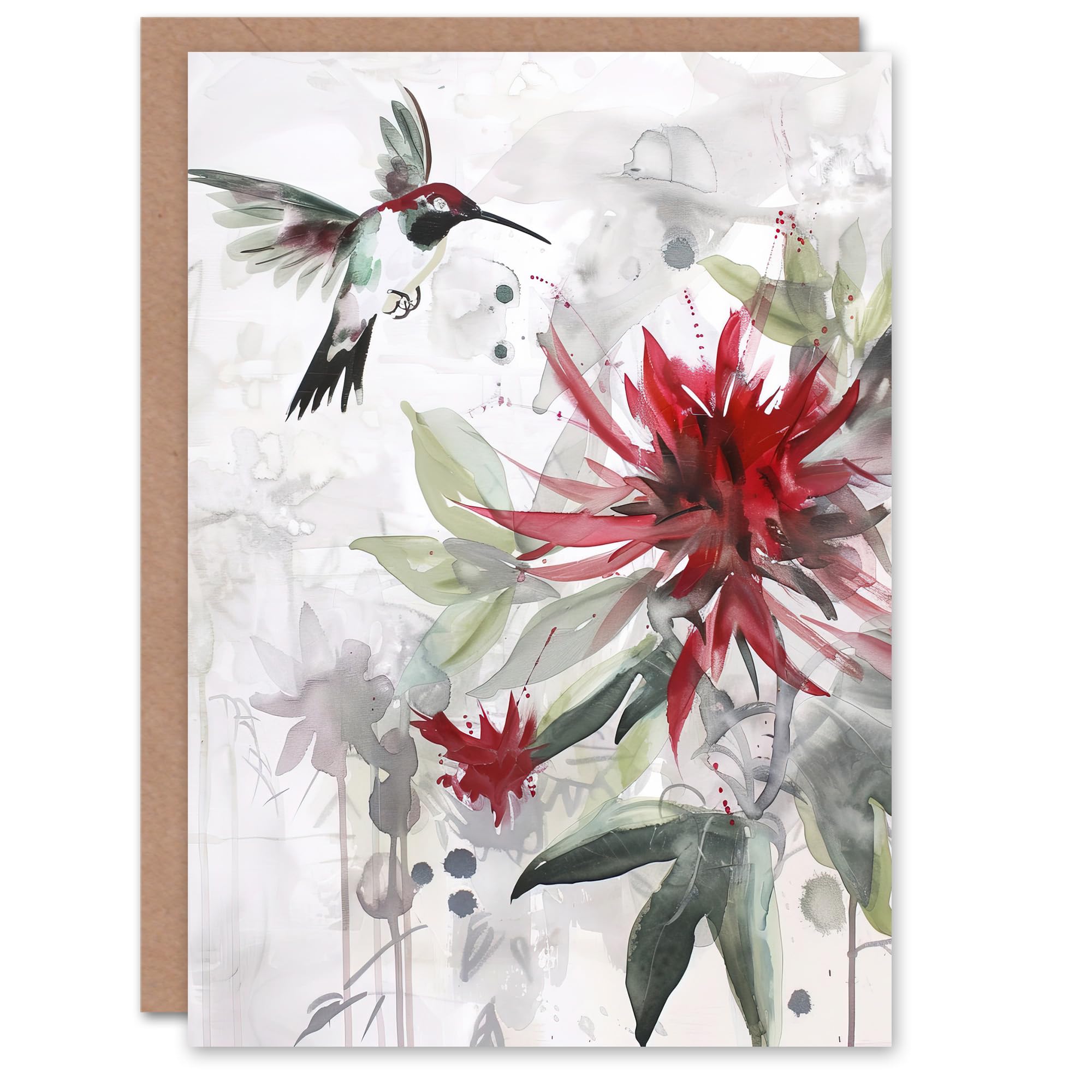 Artery8 Greeting Card Hummingbird Red Monarda Flowers Watercolour For Her Woman Birthday Card