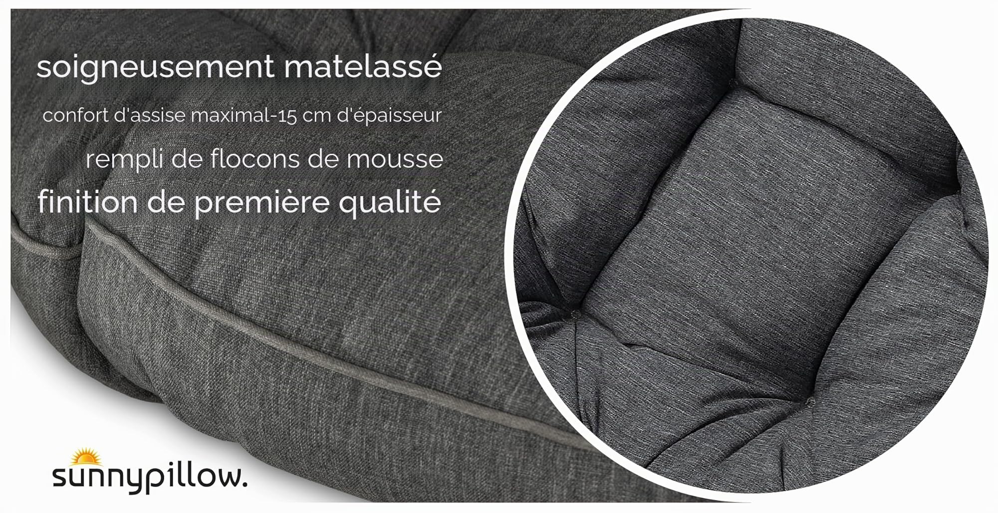 Sunnypillow Coussin pour Fauteuil Papasan - Rond diamètre 120 cm épaisseur 15 cm - Résistant aux UV, imperméable, extérieur/intérieur - Coussin de Sol pour Meubles de Jardin - Anthracite