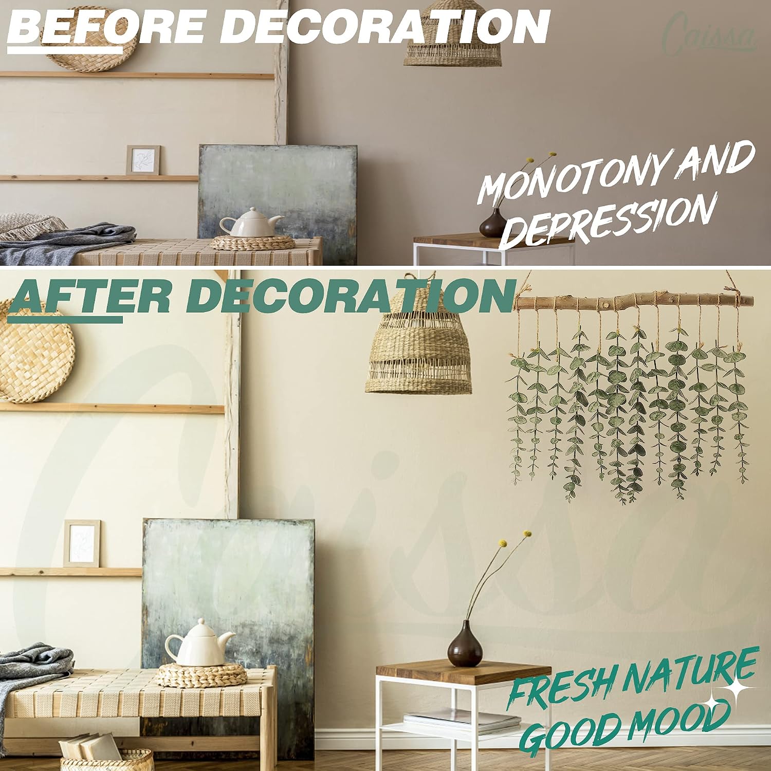 Eucalyptus Wall Hanging Decor, Artificial Eucalyptus Boho Wall Decor for Farmhouse Bedroom Decor, Rustic Bathroom Decor, Green