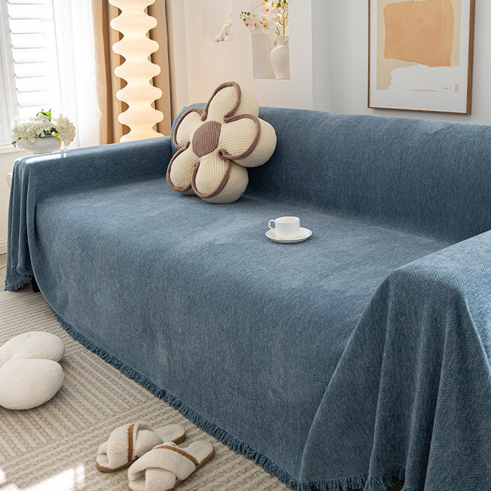 Housse de canapé en chenille vert olive 180x180 cm avec pompons