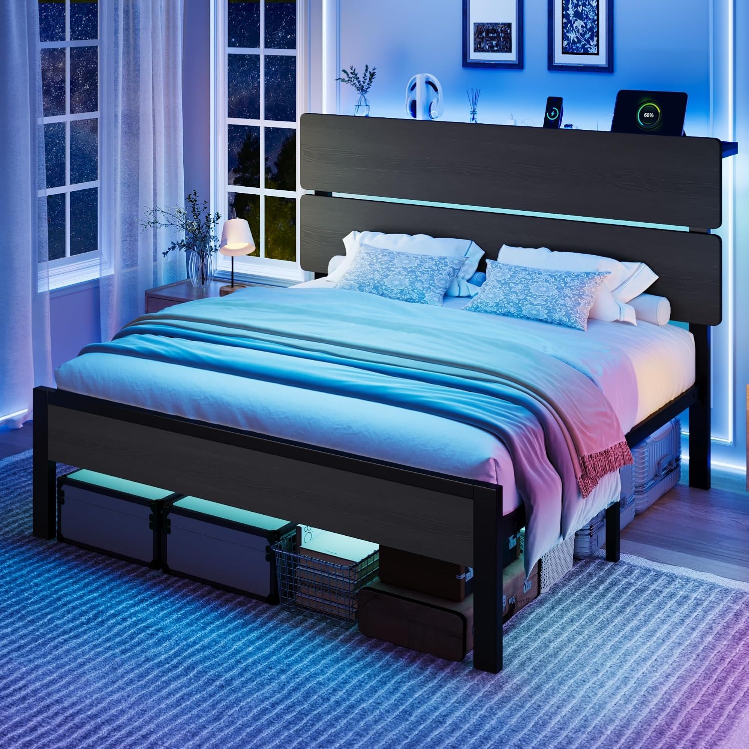 SHA CERLIN Queen Size Bed Frame, Led Light, Charging Station, Storage Shelf | Wooden Headboard, Heavy Duty Slats Support, Metal Platform Bed, Under Bed Storage, No Box Spring Needed, Noise Free, Black