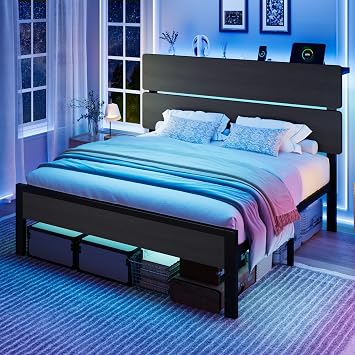 SHA CERLIN Full Size Bed Frame, Led Light, Charging Station, Storage Shelf | Wooden Headboard, Heavy Duty Slats Support, Metal Platform Bed, Under Bed Storage, No Box Spring Needed, Noise Free, Black