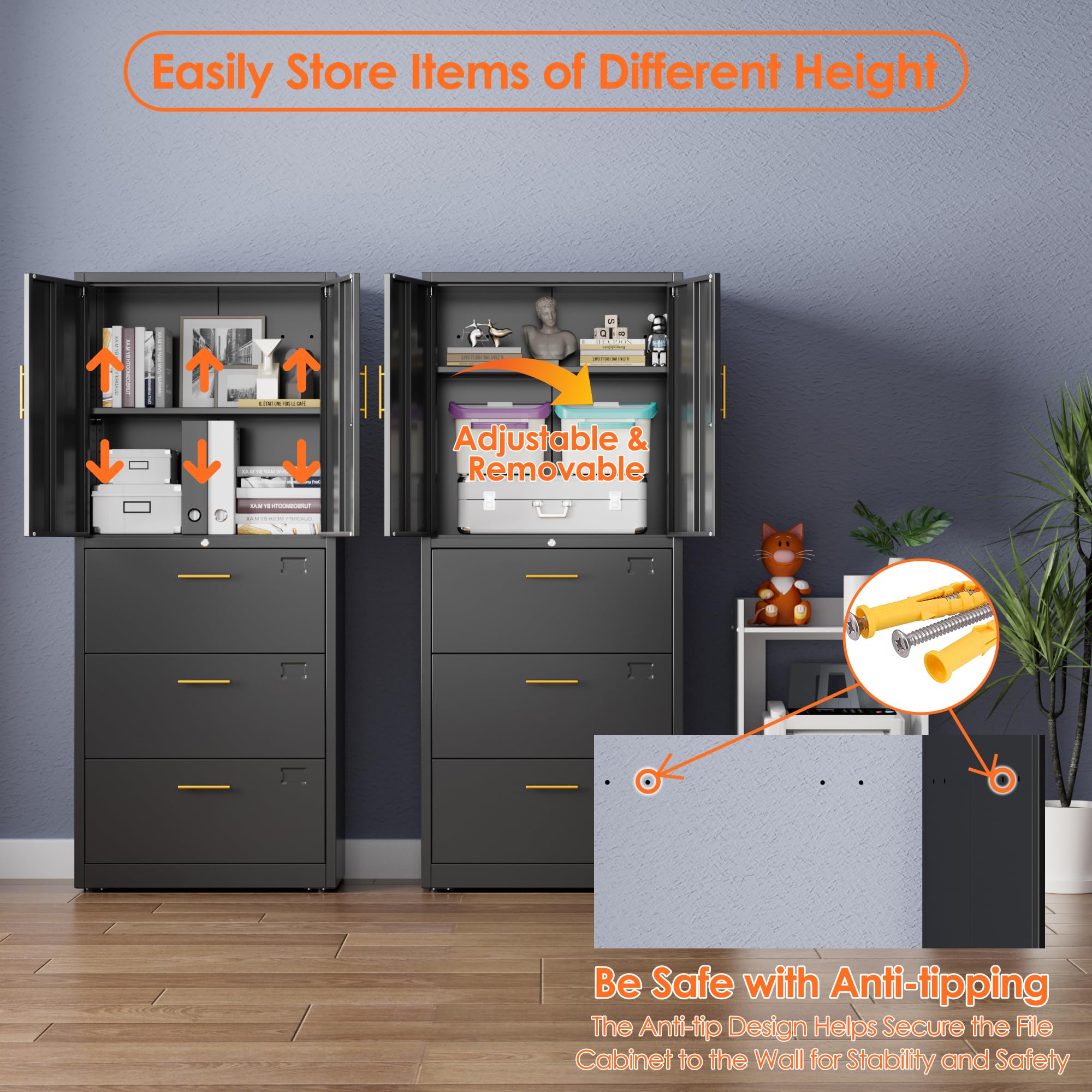Aobabo Metal Storage Filing Cabinet mit 3 Schubladen, Metall -Büro -Aktenschrank mit abschließbaren Türen und Schubladen für Home Office, Hangdateien Brief/Rechtsgröße, Schwarz, Schwarz