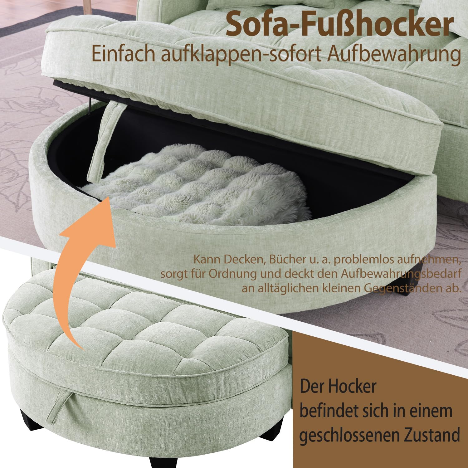 Sofa mit mit Aufbewahrungs-Hocker, Schlafsofa mit Verstellbarer Rückenlehne und Kissen, Klein Sofa, für kleine Wohnzimmer,Studienzimmer,Schlafzimmer,Grün
