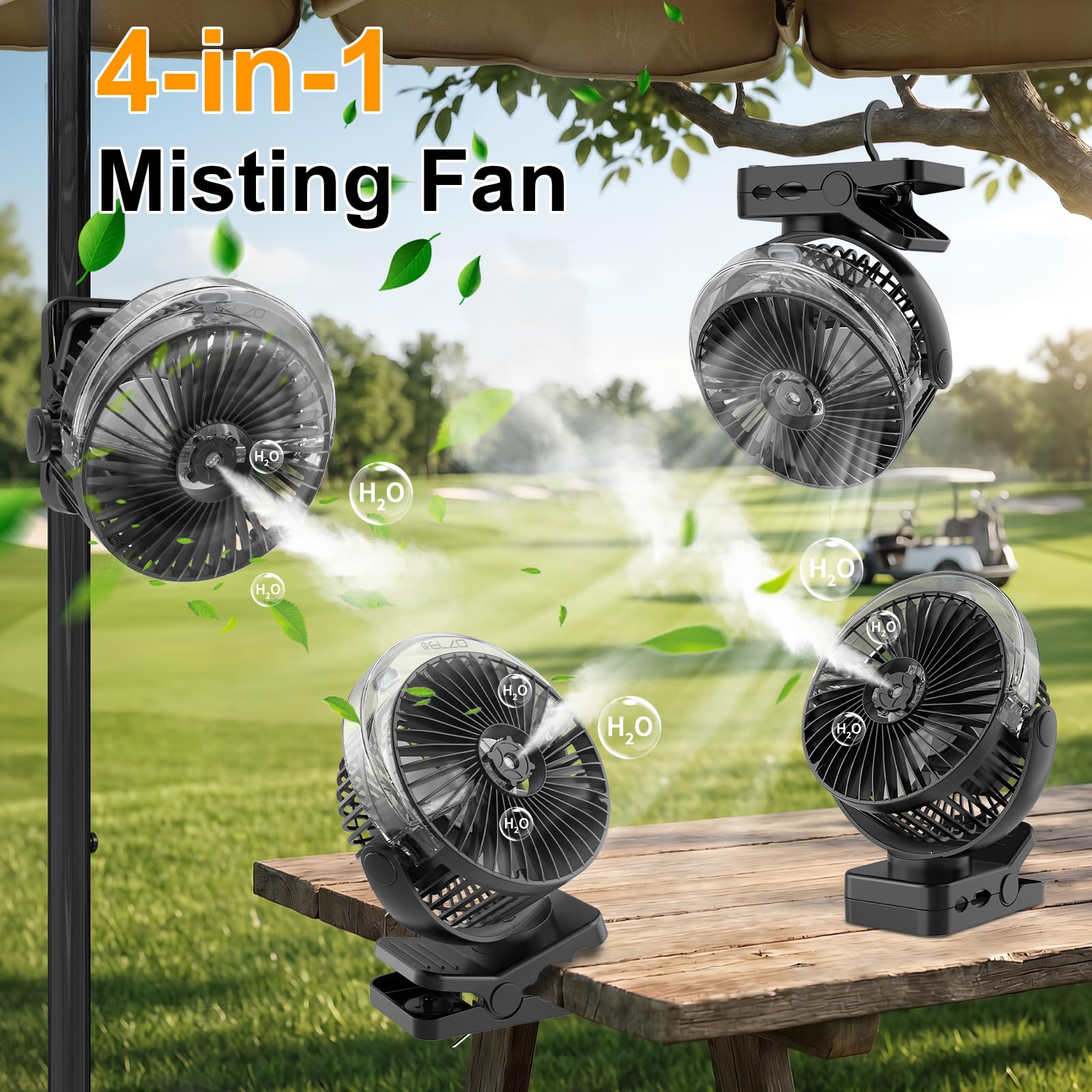 ELZO Ventilatore da campeggio da 12000 mAh, ventilatore da tavolo USB con luce a LED e funzione spray, gancio di sospensione e chiusura magnetica, silenzioso ventilatore a clip di rotazione a 360°