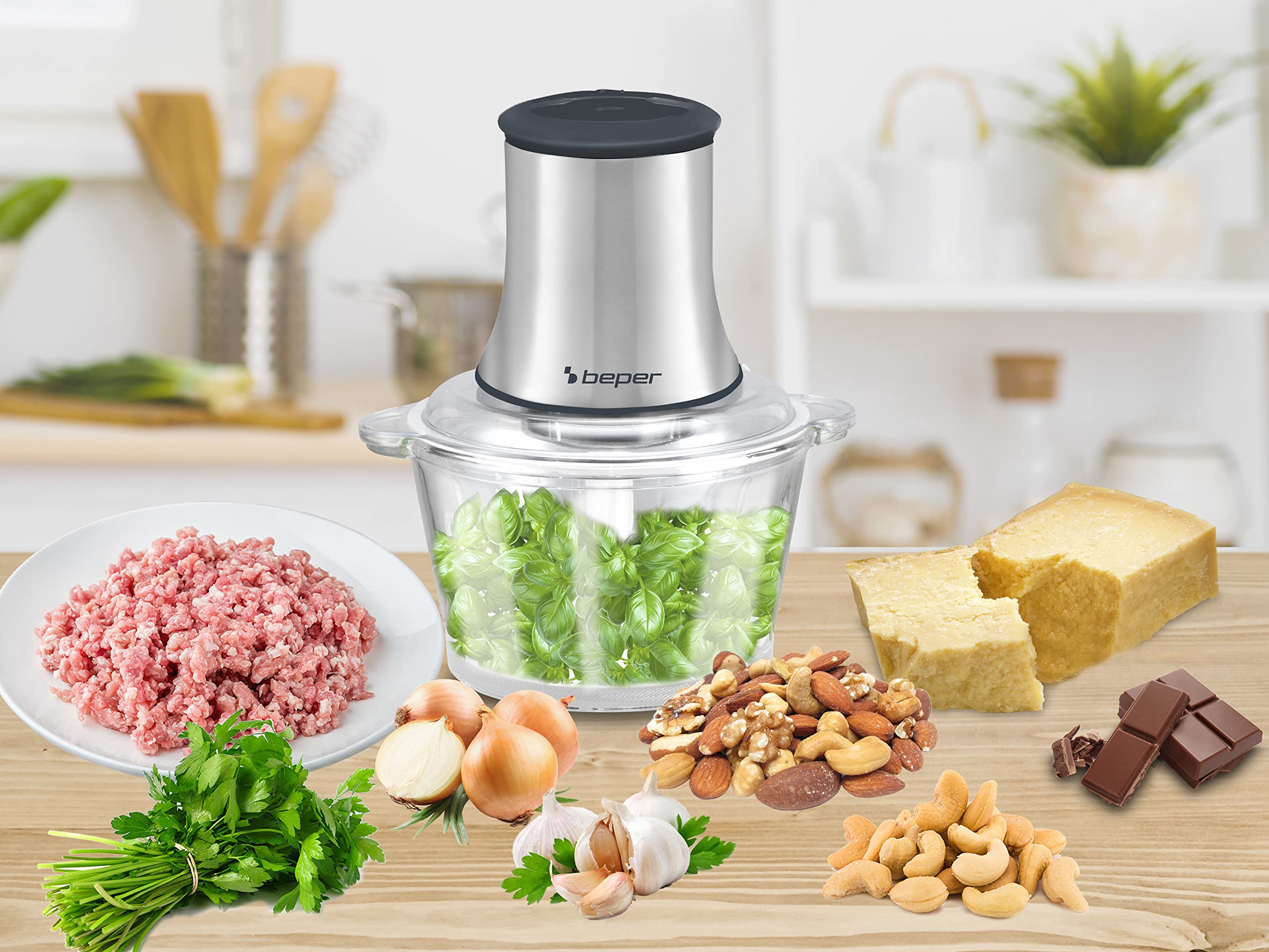 BEPER P102ROB001 Picador de vidrio, Recipiente de vidrio, Cuerpo Abs, Doble par de cuchillas de acero, 2 velocidades, Base antideslizante, Capacidad 1.5L, Gris/Negro