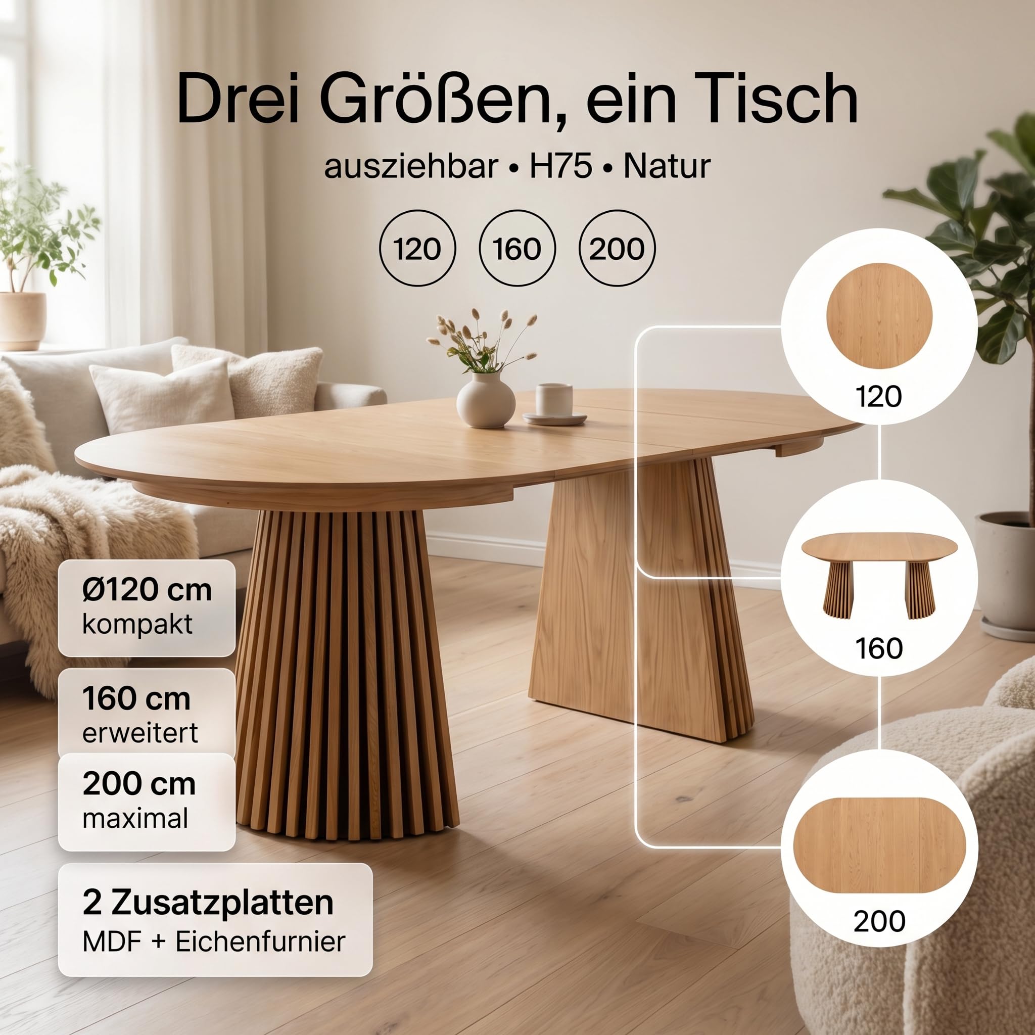 Esstisch oval ausziehbar - Tokyo 2 Einlegeplatten 120/160/200 cm Eiche Furnier Natur – Ausziehtisch Rund zu Oval Esszimmertisch