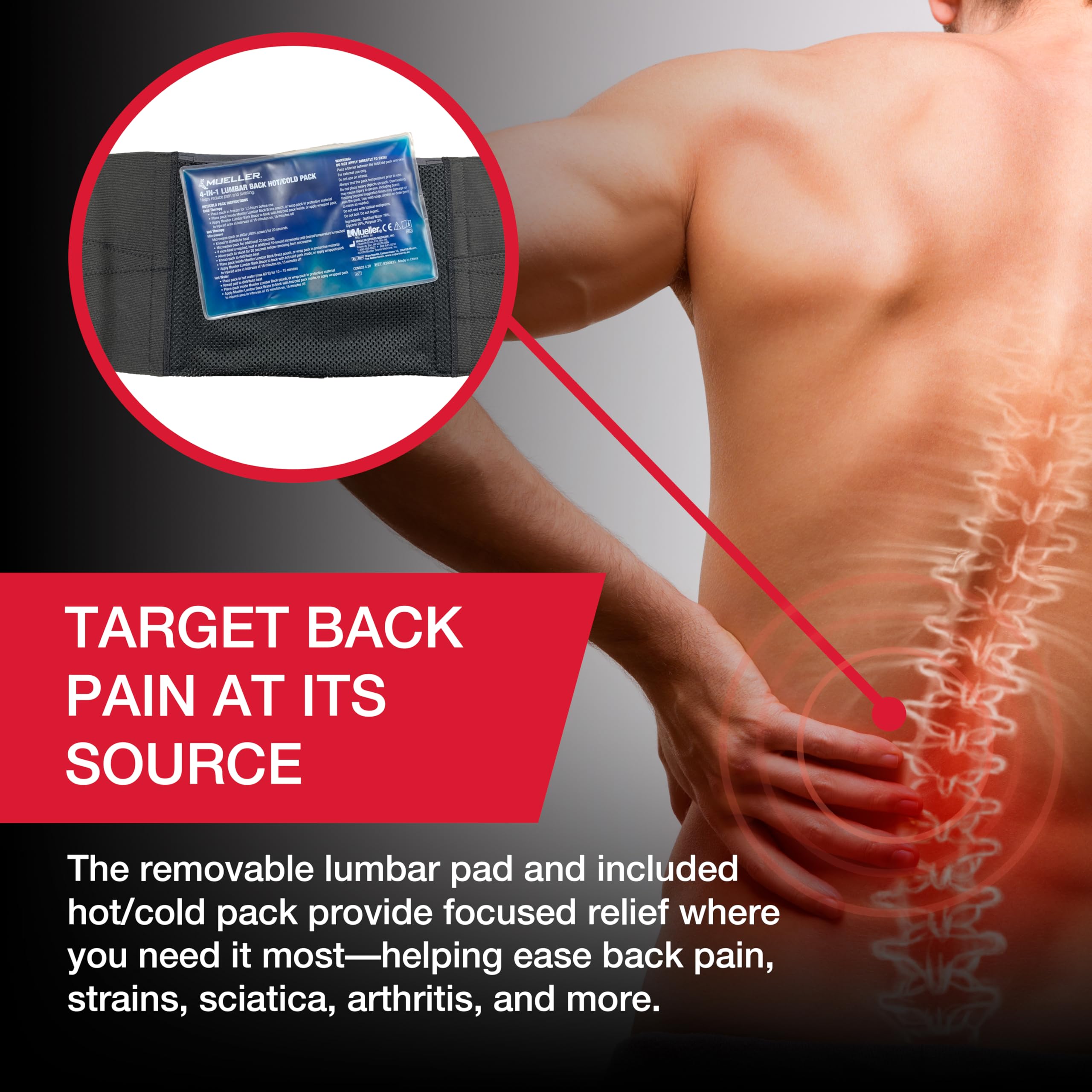 MUELLER Esports Medicine 4-in-1 Lumbar Back Brace with Hot/Cold Pack, Belt, Back Pain Relief Support for Men and Women, Ideal for Upper and Lower Back Pain, Sciatica, Black
