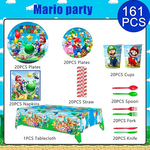 Miniatura 6 de Fruitful Life Suministros para fiesta de cumpleaños de Super Mario, 161 piezas de decoración de fiesta de Mario - Platos y servilletas de Mario y