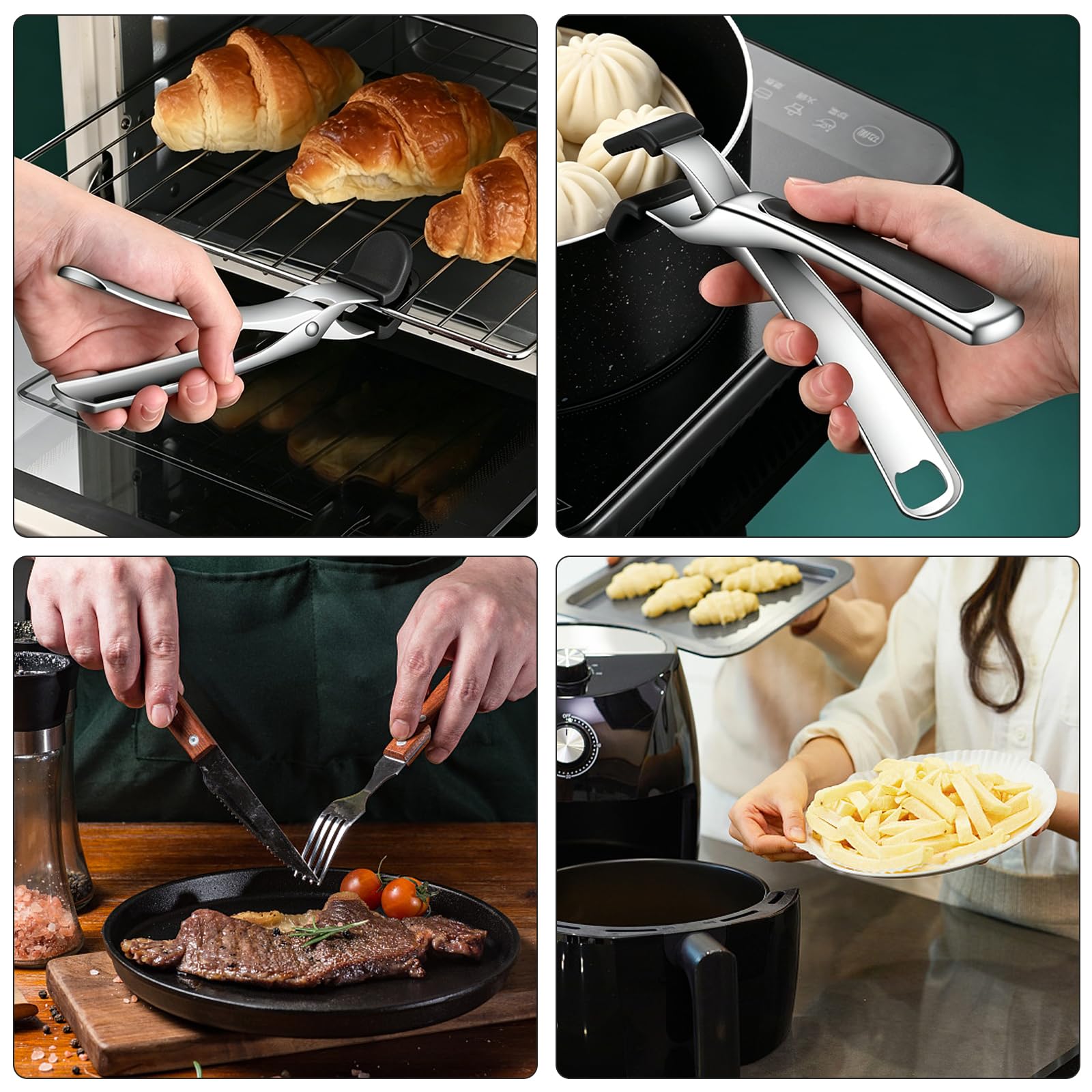 Pinza da Cucina in Acciaio Inox, Pinza Anti-Scaldature con Testa Larga in Silicone a Texture Ondulata, per Togliere Ciotole e Piatti Caldi dal Forno e Friggitrice ad Aria
