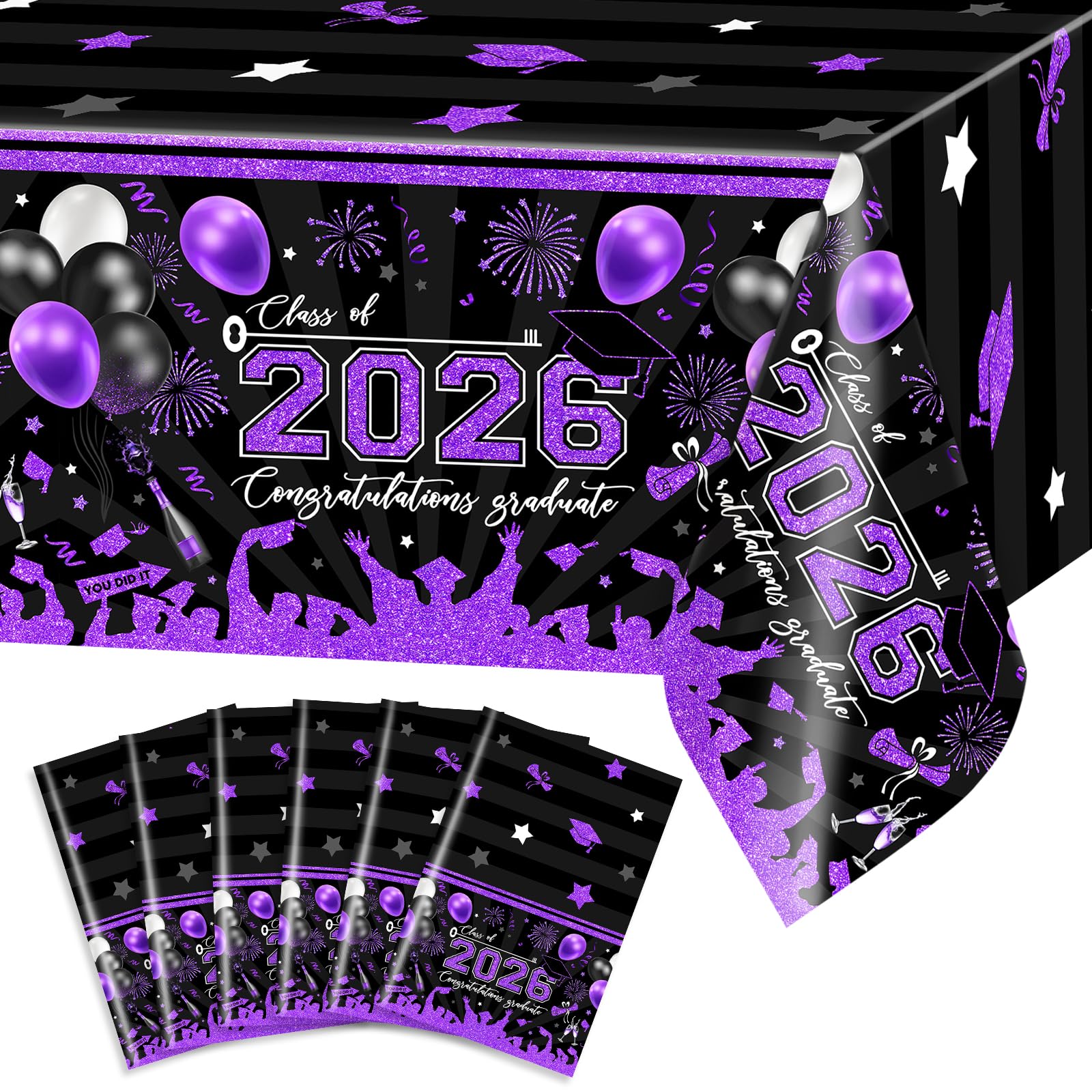 Avezano 6 pcs Graduation Tablecloths 108x54 inch Graduation Table Cloths Class of 2026 Purple and Black Grad Party Tablecover Decorations Plastic Disposable
