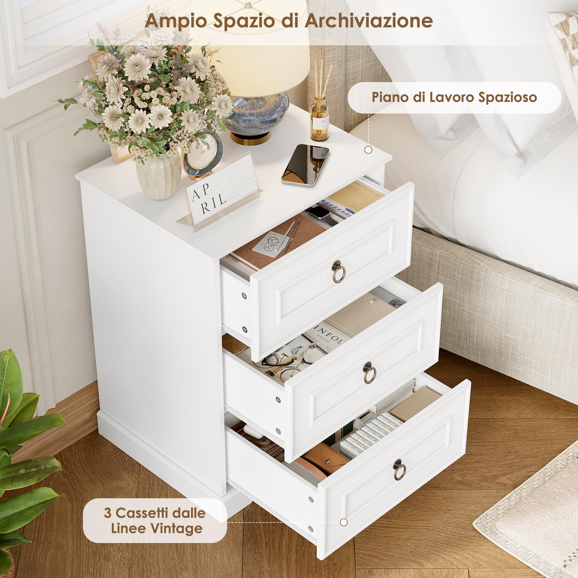 FOREHILL Comodino Camera da Letto con 3 Cassetti 45,5x38x64 cm Bianco | Tavolino da Notte a Maniglie ad anello dorate,Cassettiera Moderno Organizzatore da Letto,Tavolino Cameretta Divano Salotto