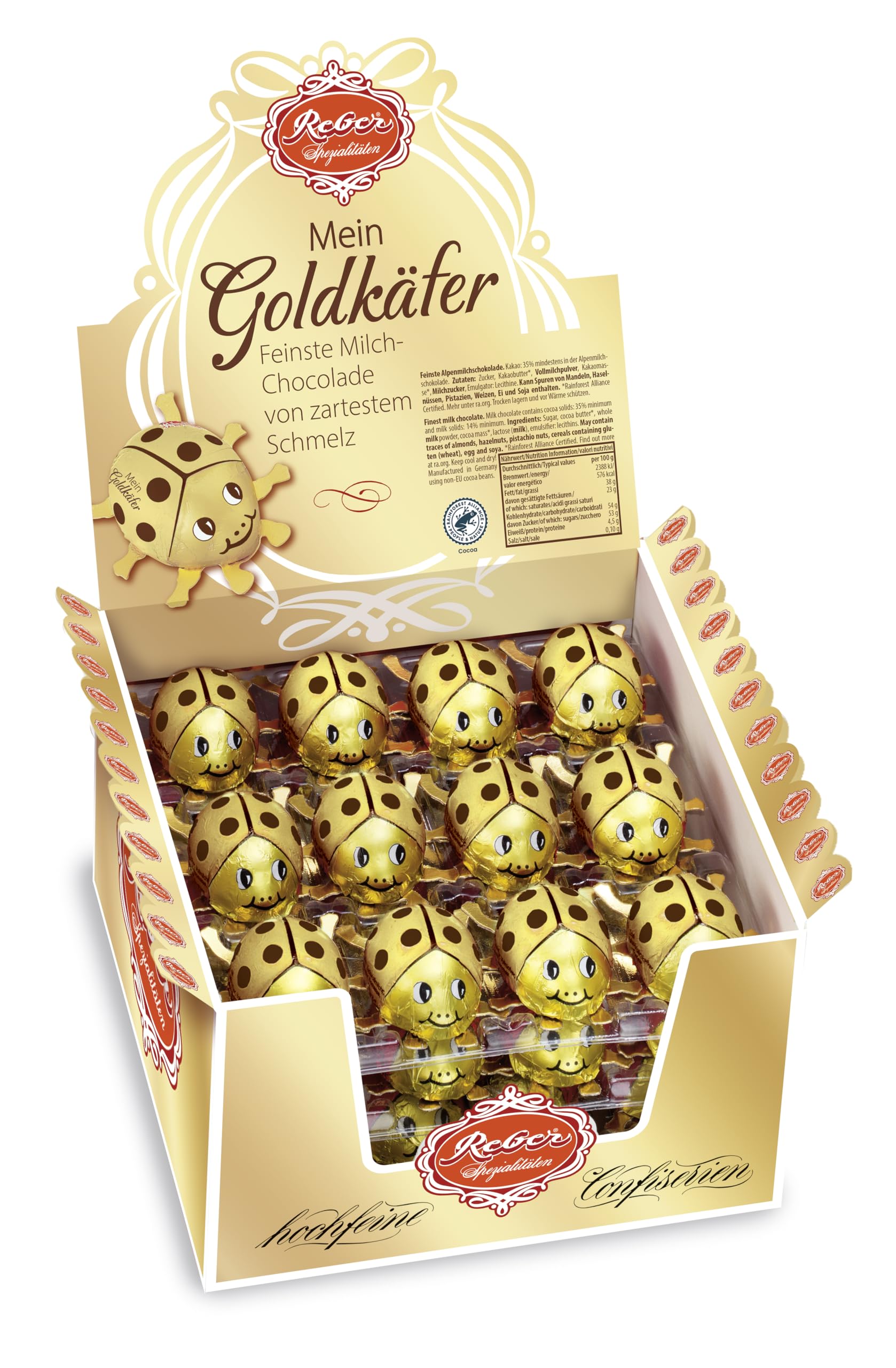 Reber Mein Goldkäfer – Schoko-Glückskäfer aus Alpenmilch-Schokolade. Feinste Milch-Chocolade von zartem Schmelz. Das perfekte Geschenk für Neujahr und Weihnachten 15g