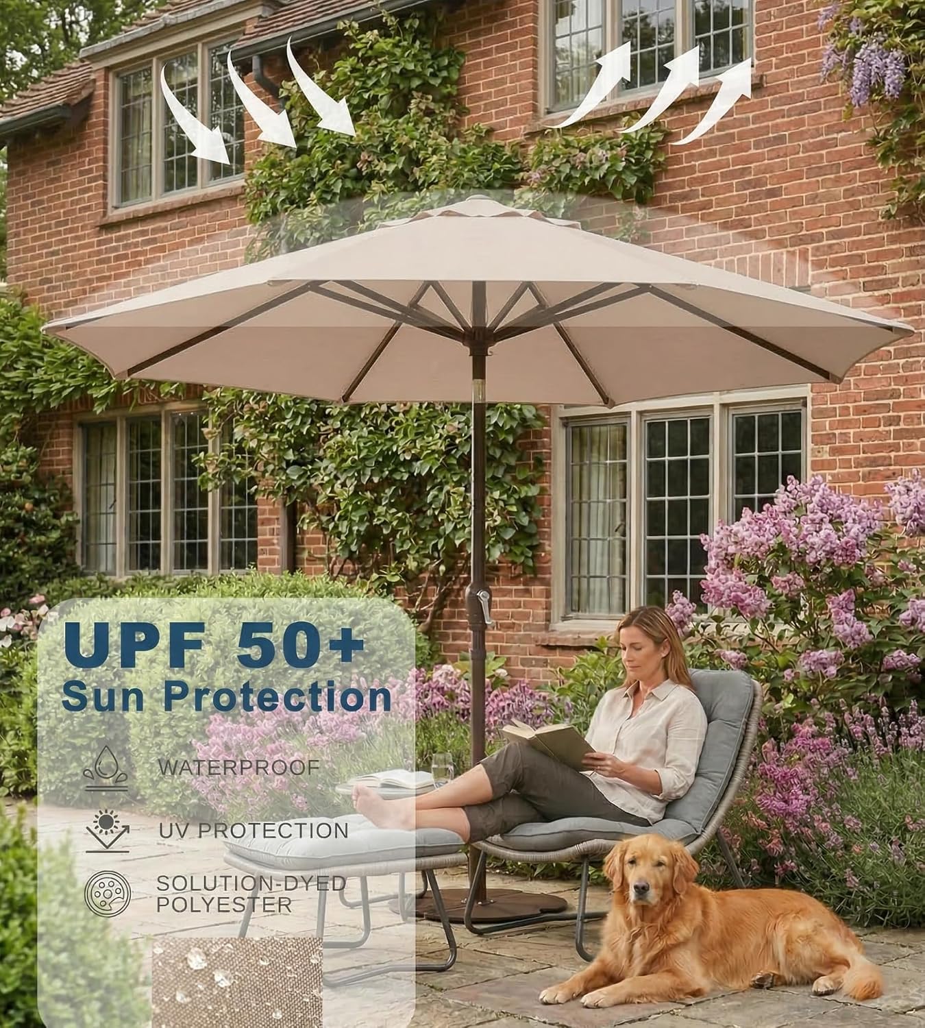Patio Outdoor Umbrella-UPF 50  Sun Shade with Wind Vent, Push-Button Tilt & Smooth Crank Lift, Rust-Resistant Fiberglass Frame for Garden, Backyard,Yard (Beige)