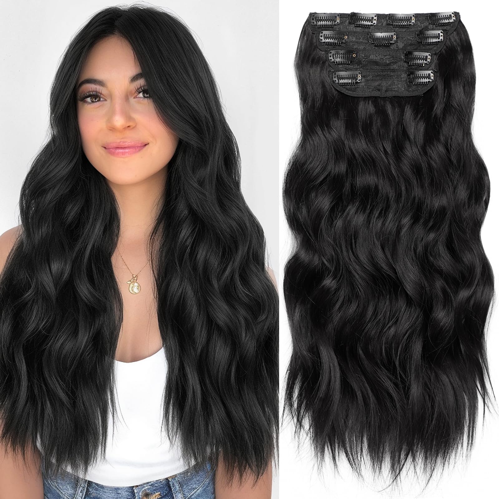 KooKaStyle Clip in Synthetic Hair Extensions Long Wavy 4PCS Thick Hairpieces Black Fiber Double Weft Natural Hair Extensions 20 Inch for Women