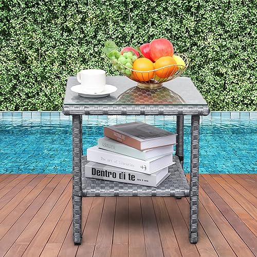 Miniatura 9 de Mesa auxiliar de mimbre de PE para exteriores, mesa cuadrada para patio, jardín de ratán, mesa cuadrada con muebles superiores de vidrio, color negro