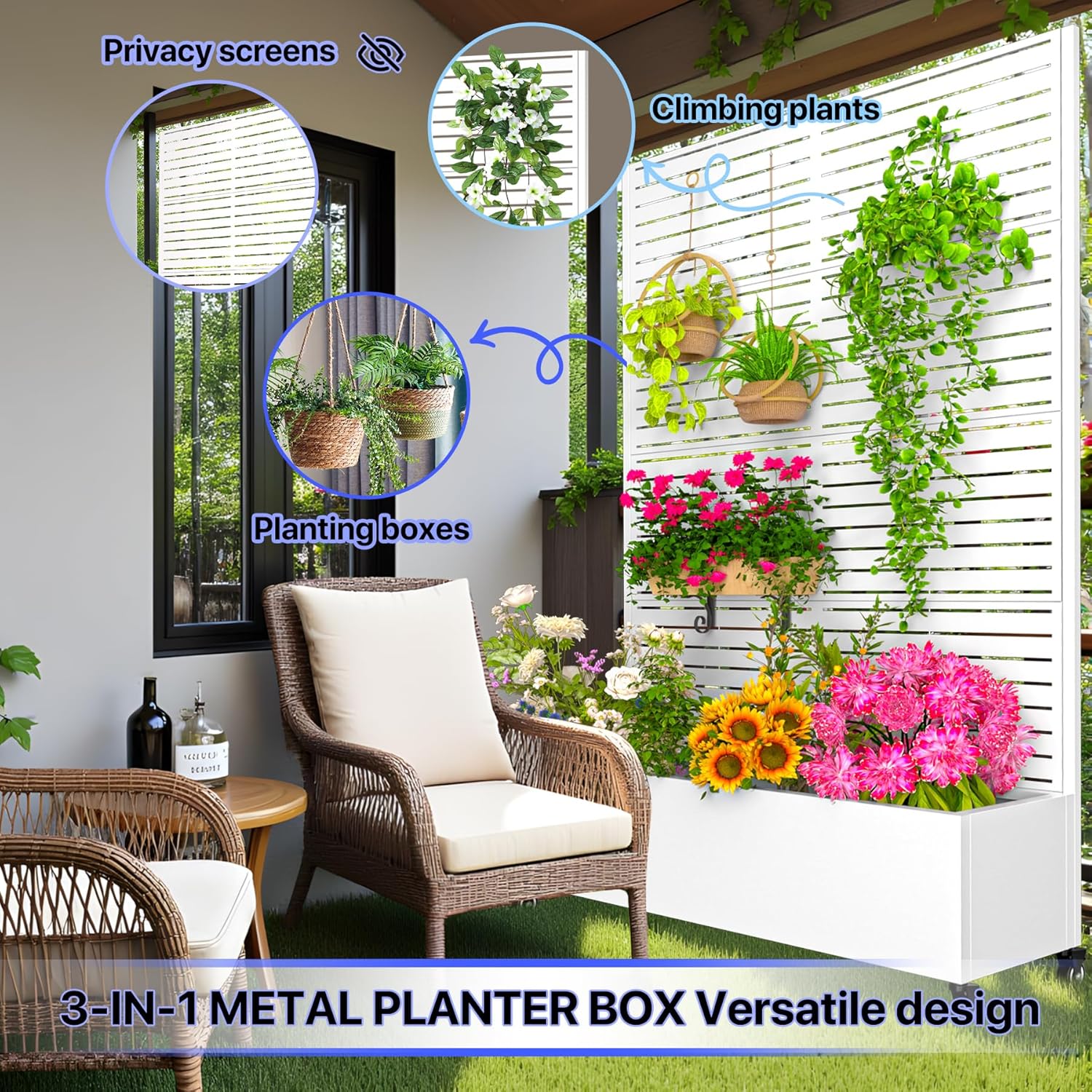 Metal Planter Box with Trellis,72"x47"x16"Galvanized Steel Outdoor Raised Garden Bed with Privacy Screen,with Drainage Holes & Lockable Casters for Climbing Plants,Vegetables,and Vines(WHITE-BYC)