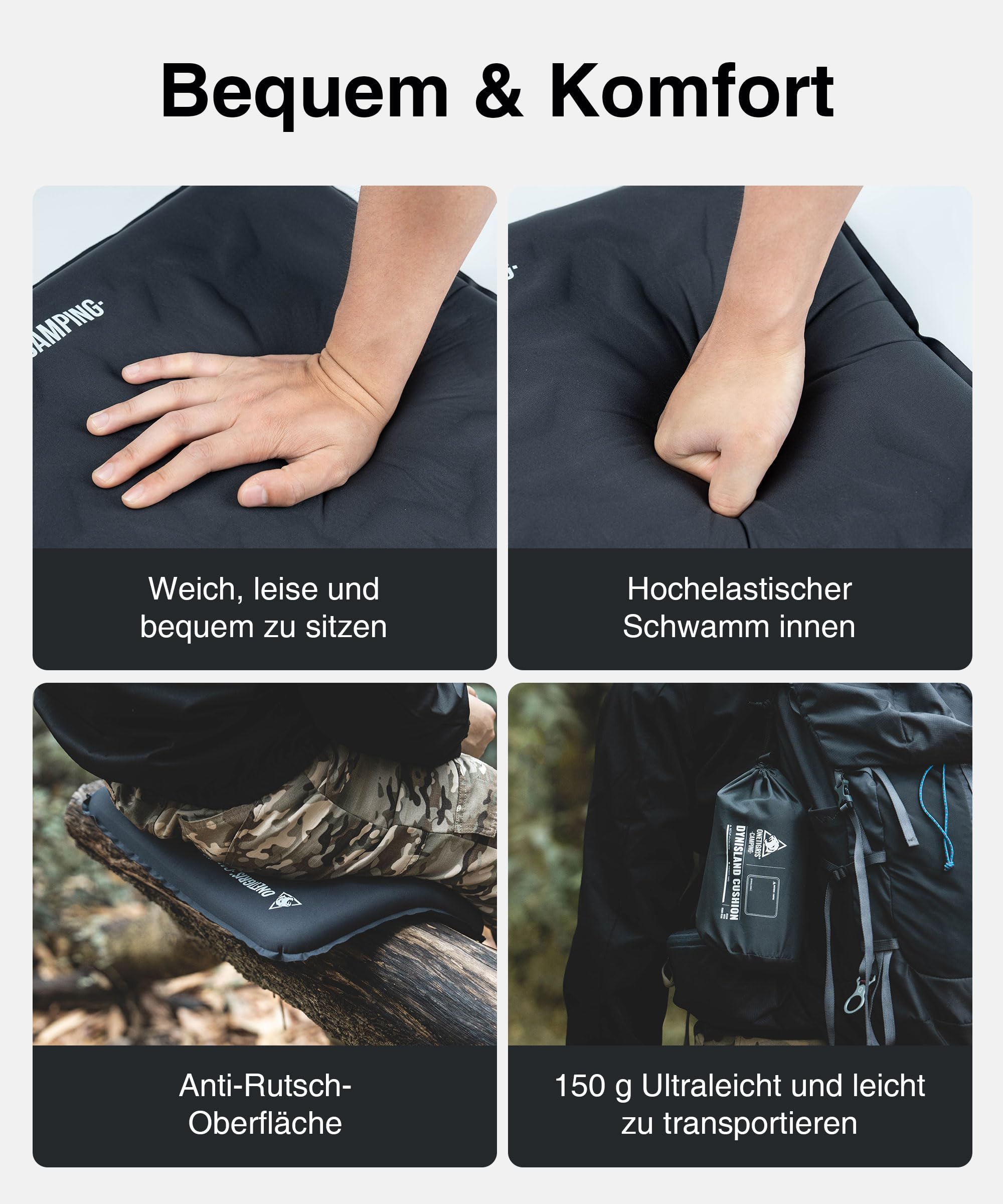OneTigris DYNISLAND Sitzkissen selbstaufblasend 41 x 33 x 4 cm, Sitz Kissen Outdoor faltbar, Camping Sitzkissen Ultraleicht 150 g, Kissen aufblasbar für Wandern, Picknick
