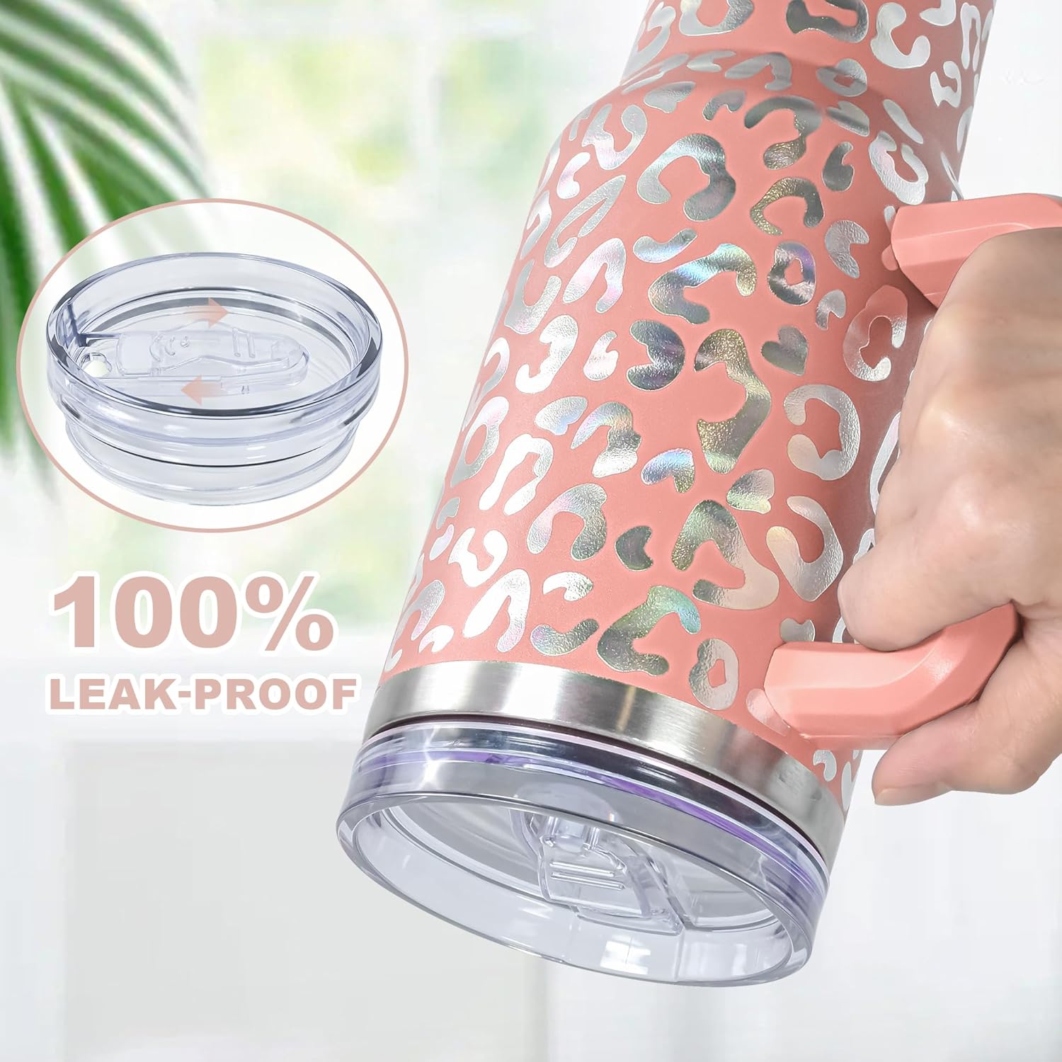 40 oz Tumbler with Handle and Straw, 100% Leak-Proof Travel Mug, Stainless Steel Double Wall Vacuum Insulated Coffee Cup Keeps Cold For 34 Hours, Dishwasher Safe, Canyon Clay Leopard - Image 3