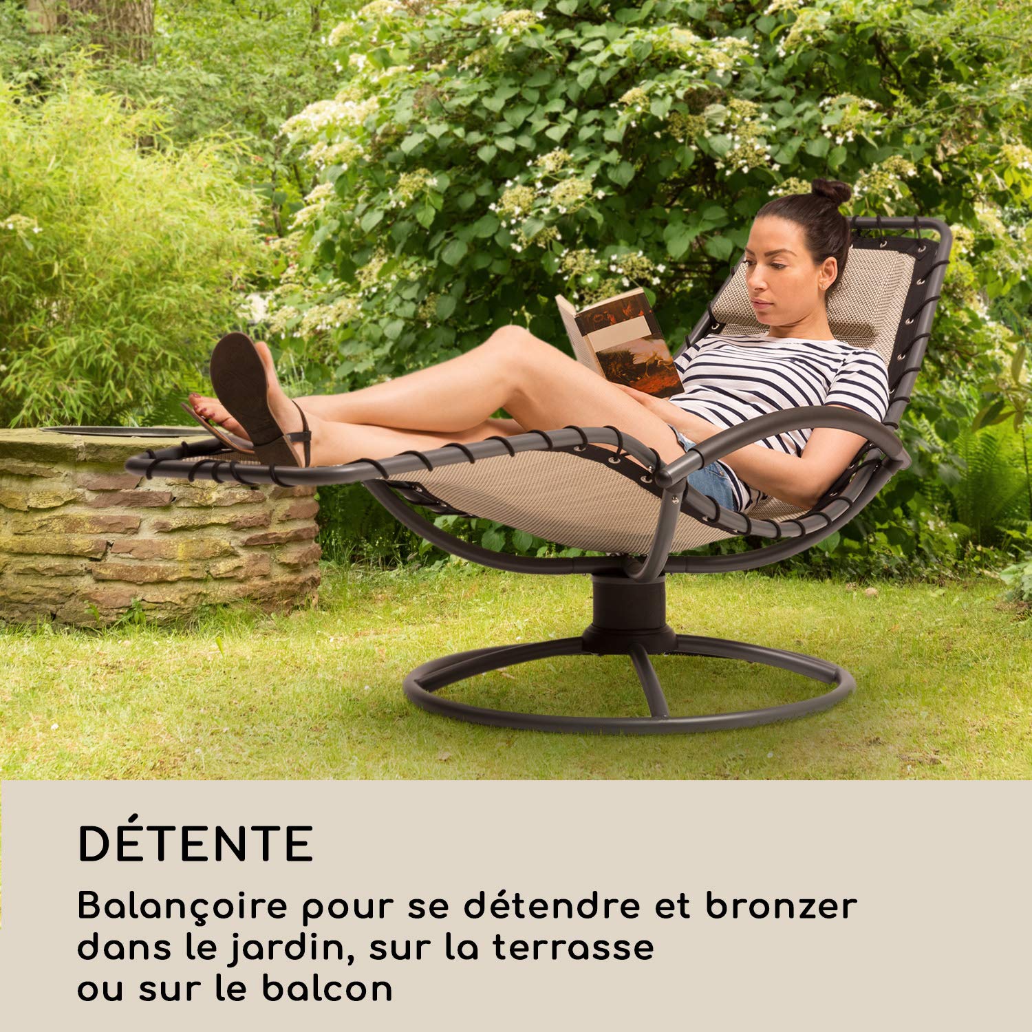 blumfeldt The Chiller - Chaise Longue à Bascule, Construction Stable, Anti-basculement, Surface de Couchage aérée, Facile d'entretien, Résistant aux intempéries en PVC, Ergonomique, Beige