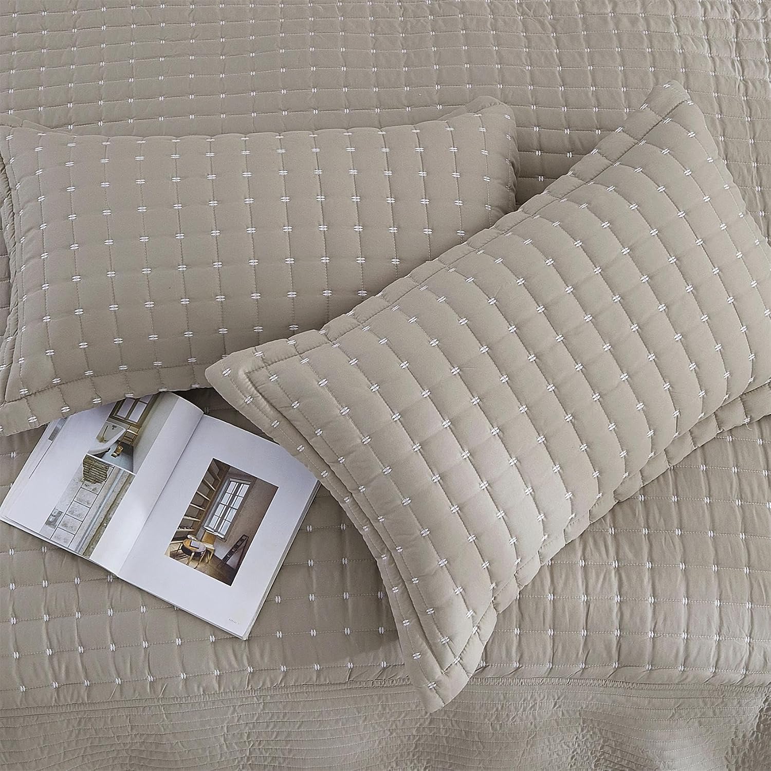 Cmfshape 120"x120" Oversized King Size Quilt,Lightweight Minimalist Bedspread with Embroidery,Modern Farmhouse Coverlet,Drapes to Floor All-Season Bedding Set for King/Cal King Beds,Taupe