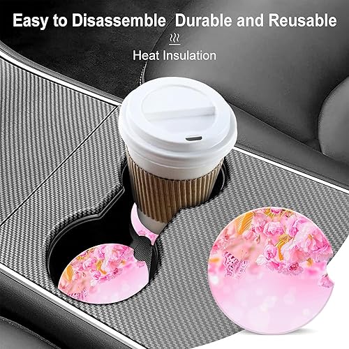 Miniatura 5 de Posavasos de automóvil con diseño de flor de cerezo rosa para portavasos de automóvil, juego de 2 posavasos de cerámica absorbente con muesca de